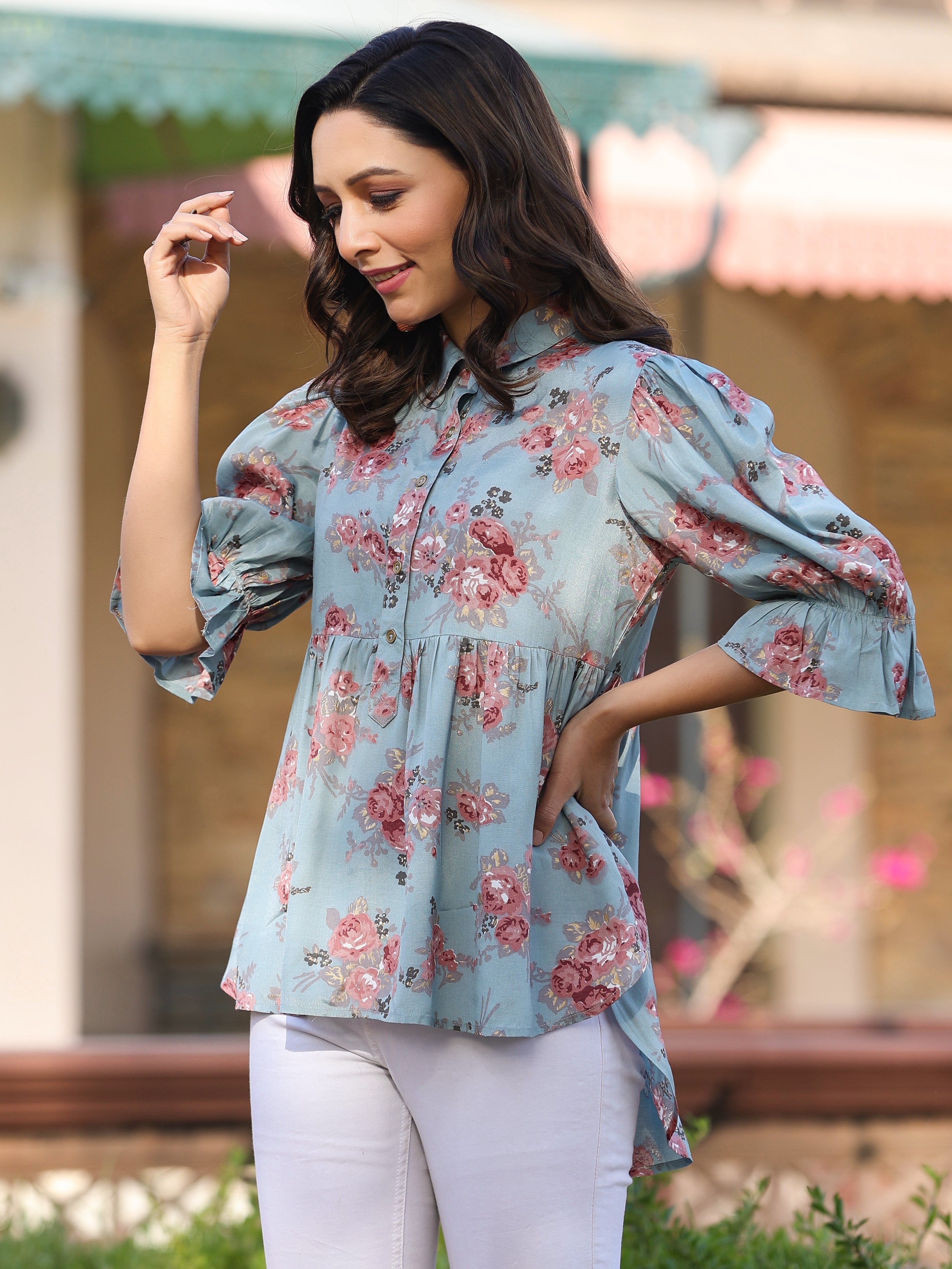 Juniper Women Blue Shantoon Floral Printed High & Low Peplum Tunic