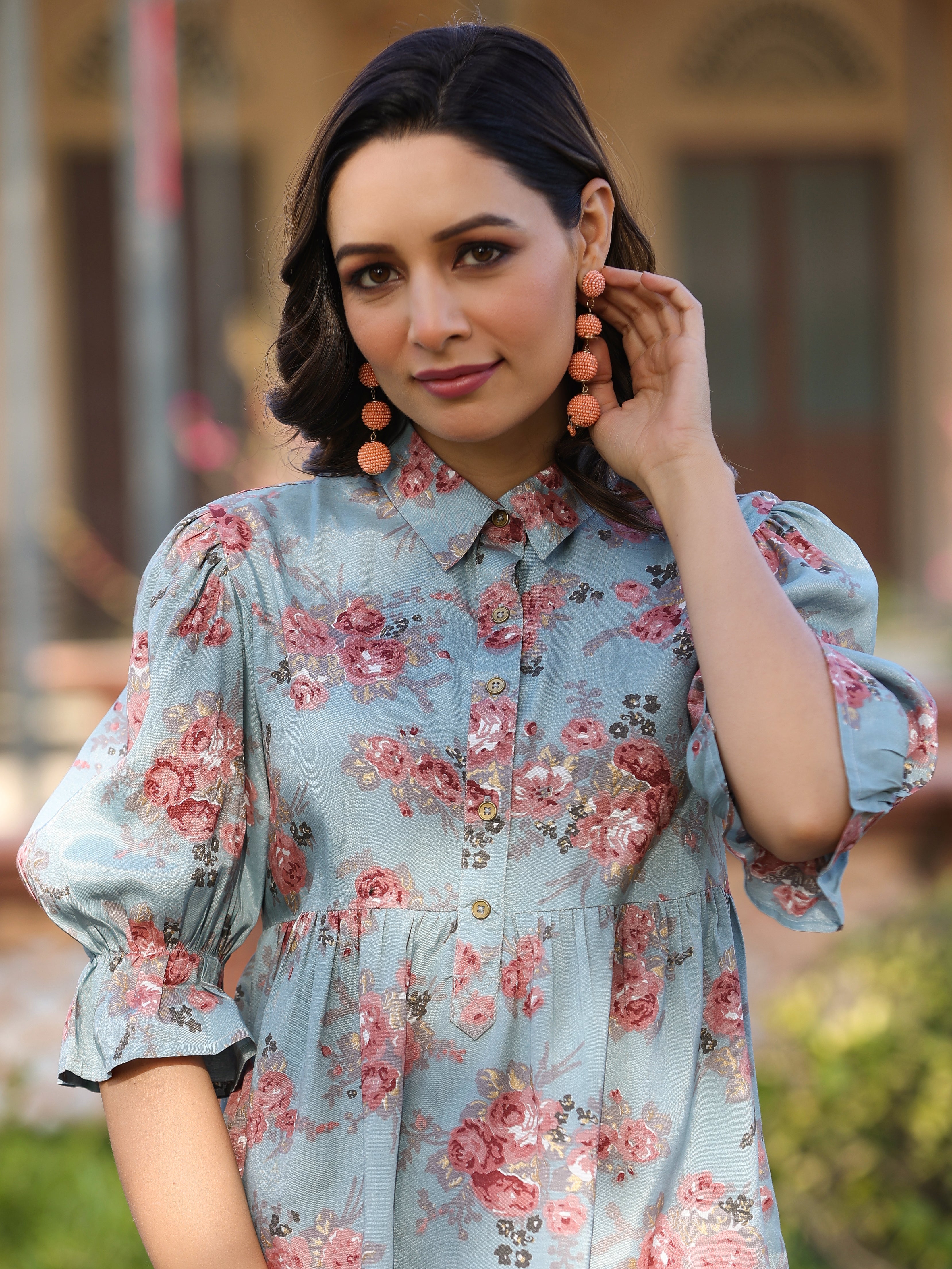 Juniper Women Blue Shantoon Floral Printed High & Low Peplum Tunic