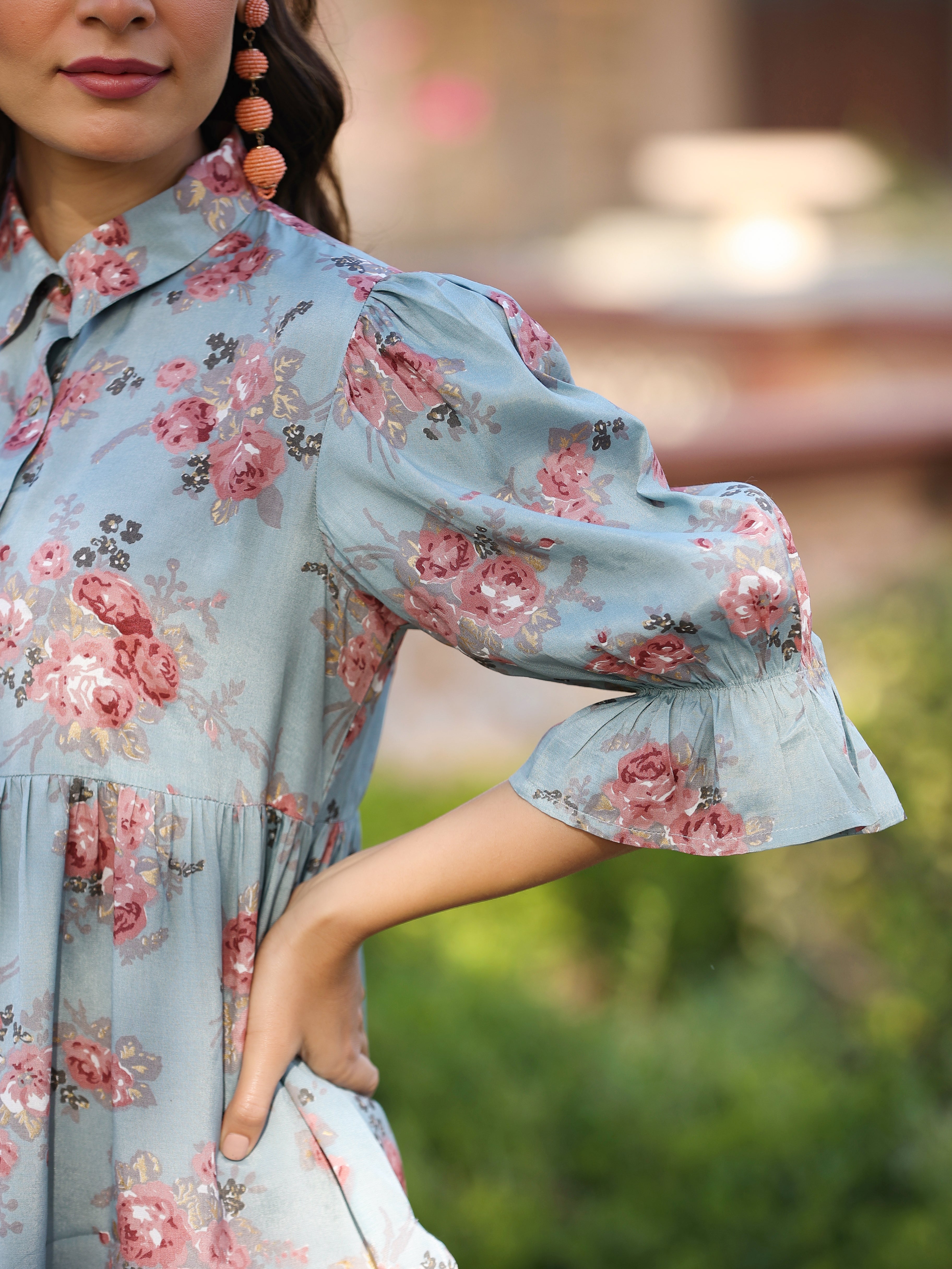 Juniper Women Blue Shantoon Floral Printed High & Low Peplum Tunic