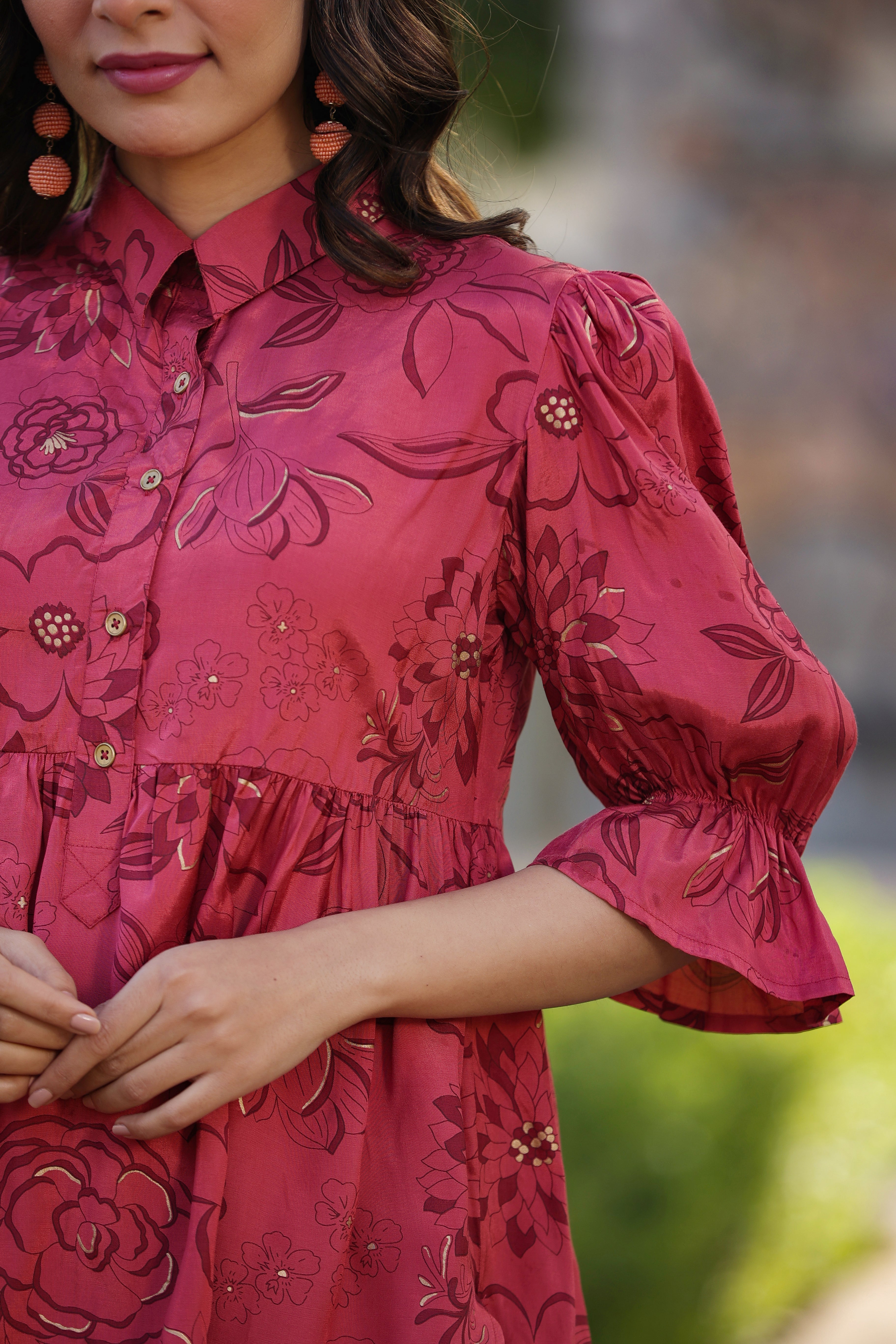 Juniper Women Rust Shantoon Floral Printed High & Low Peplum Tunic