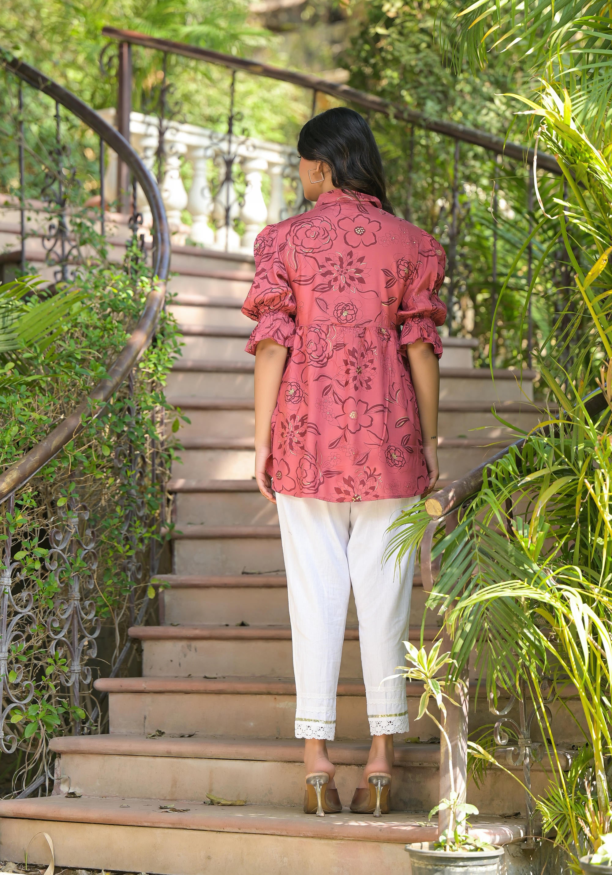 Rust Floral Printed Shantoon Tunic With Buttons