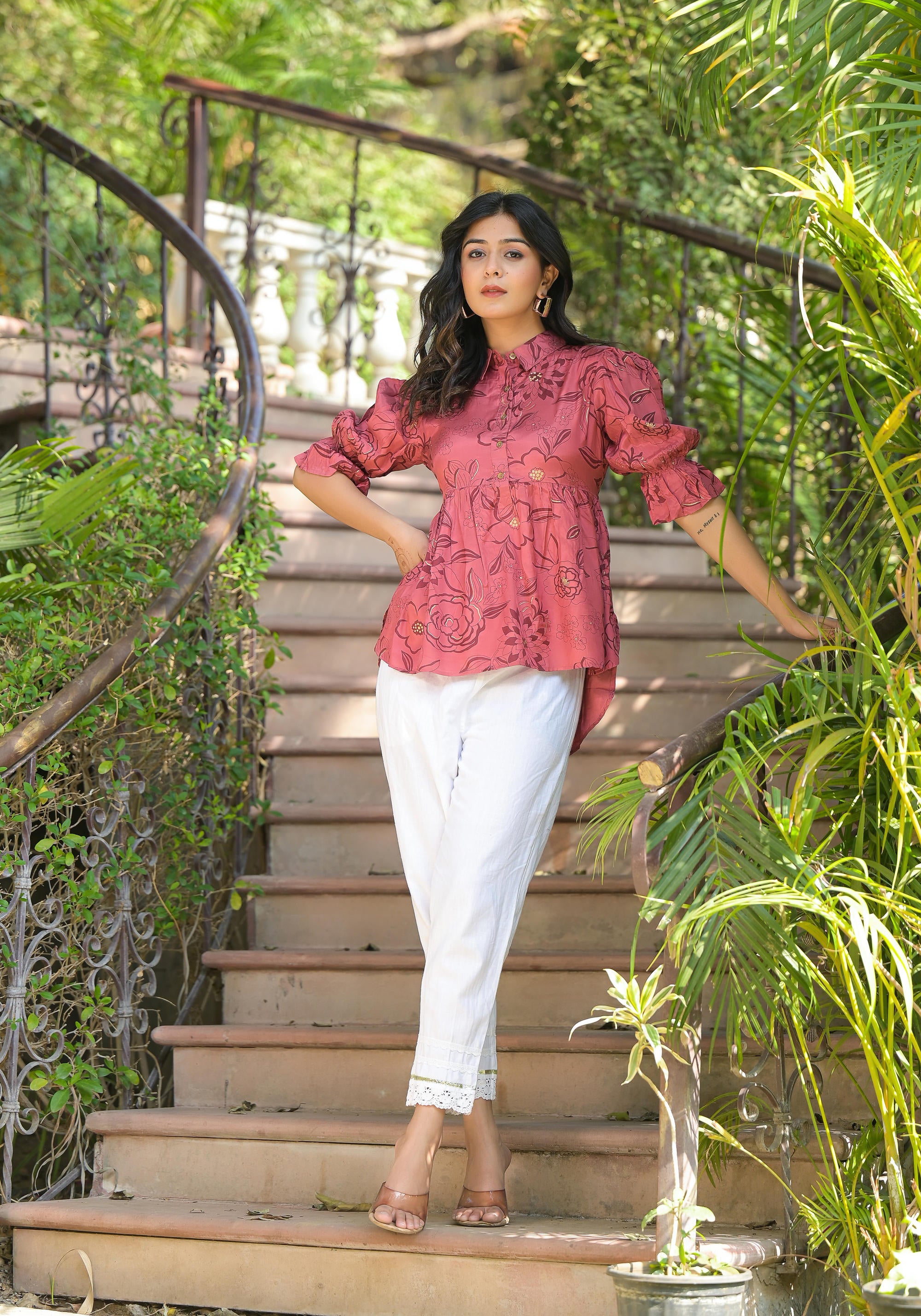 Rust Floral Printed Shantoon Tunic With Buttons