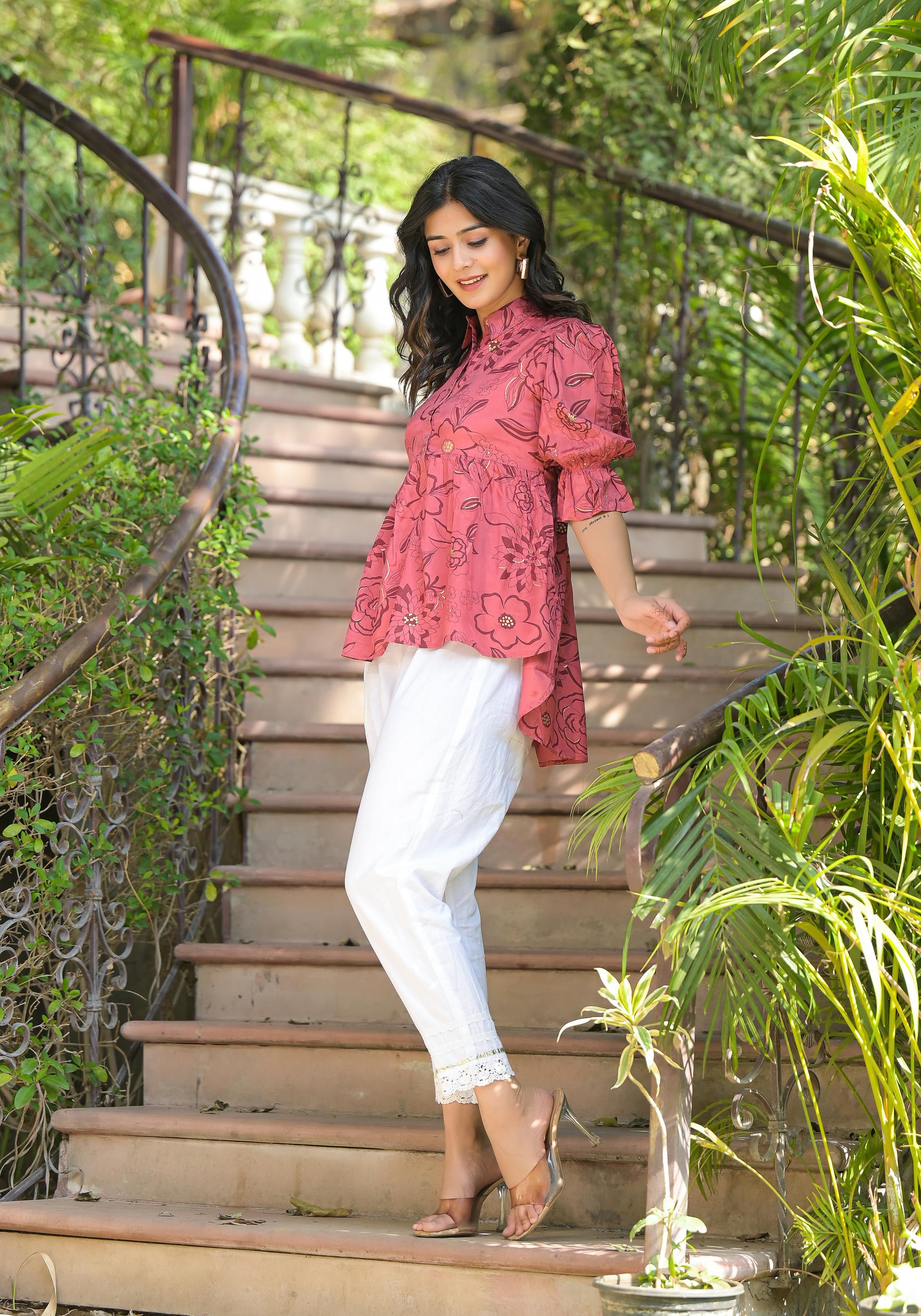 Rust Floral Printed Shantoon Tunic With Buttons