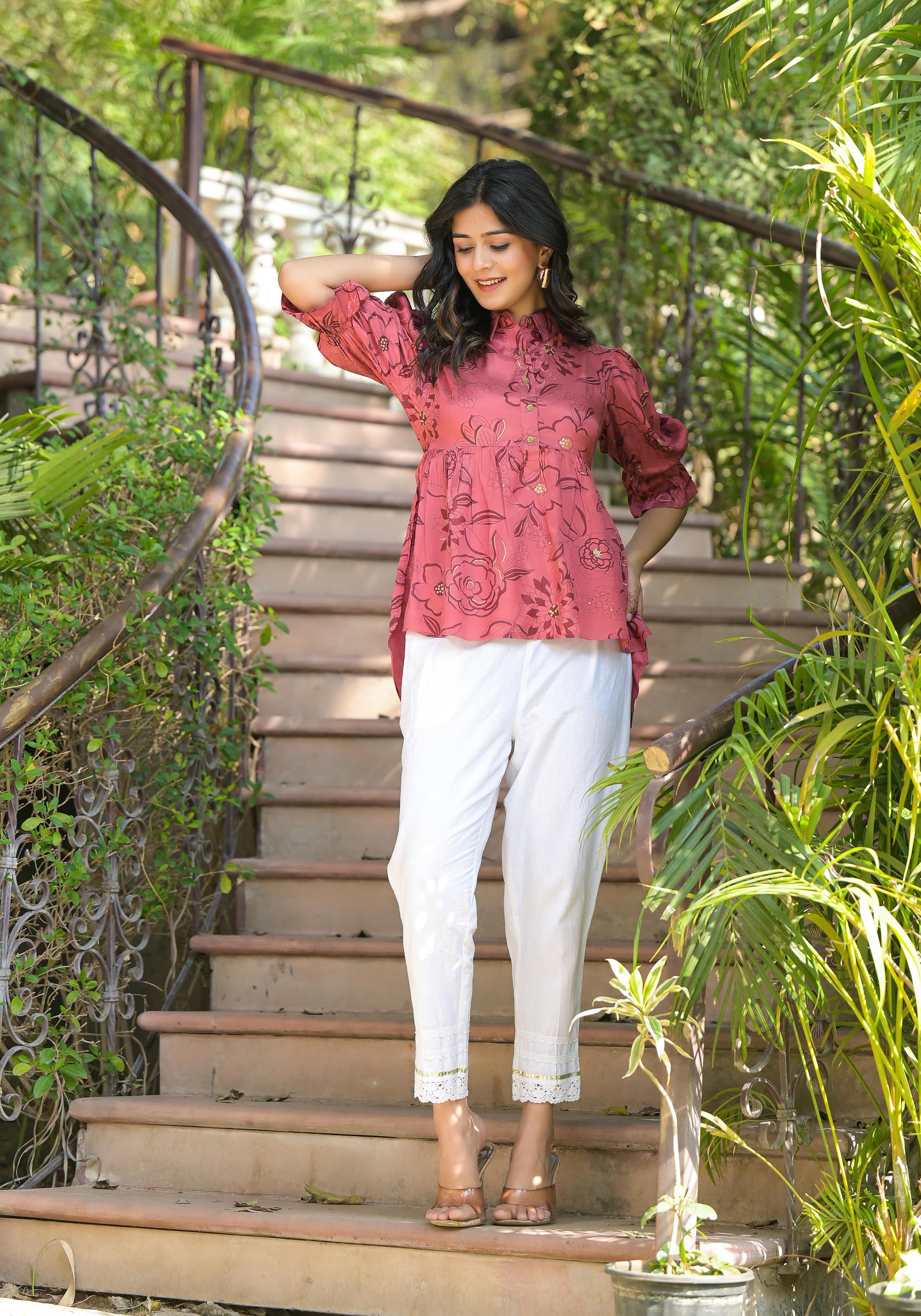 Rust Floral Printed Shantoon Tunic With Buttons