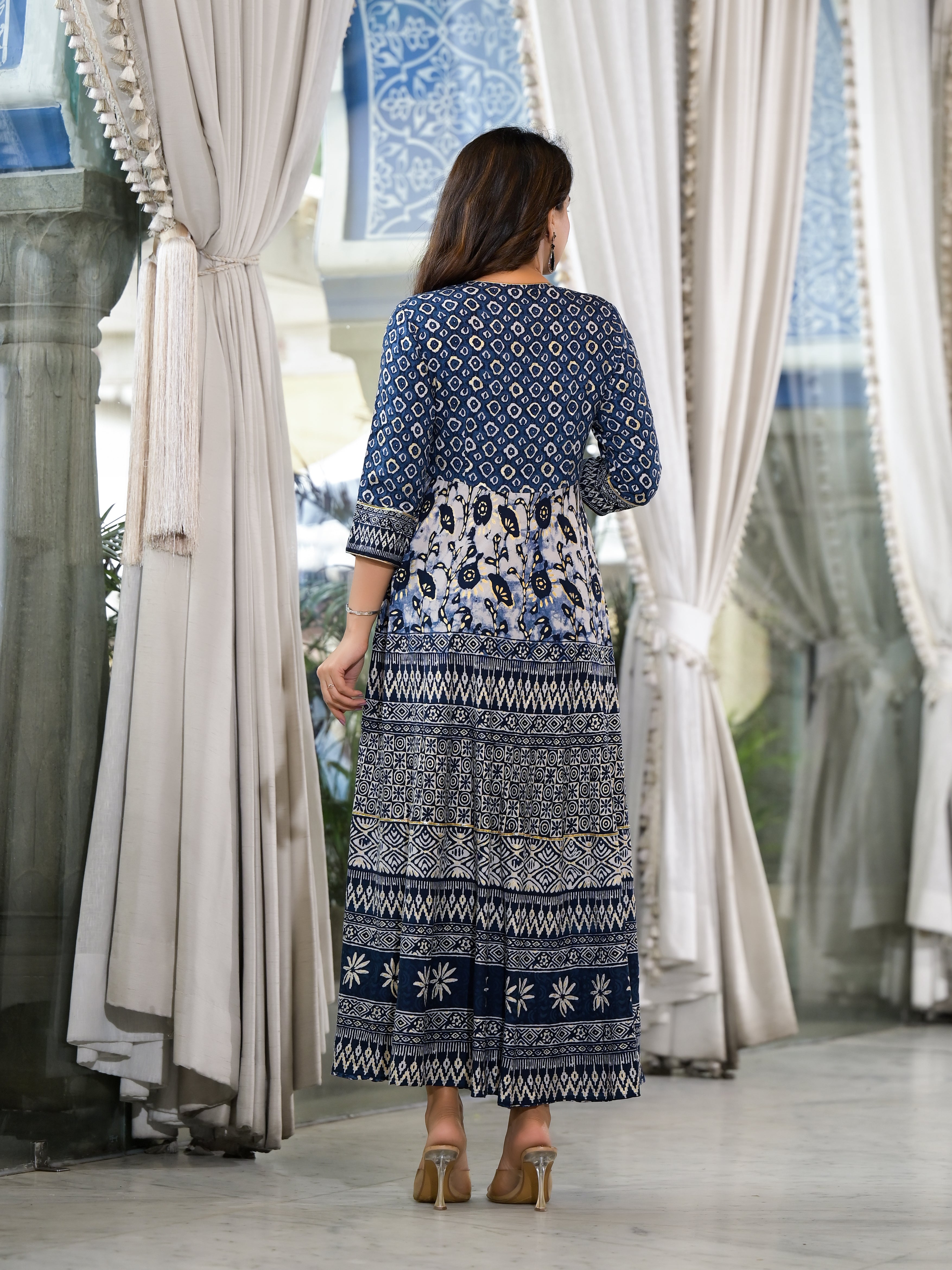 Blue Ethnic Motif Printed Liva Rayon Dress With Buttons & Lace