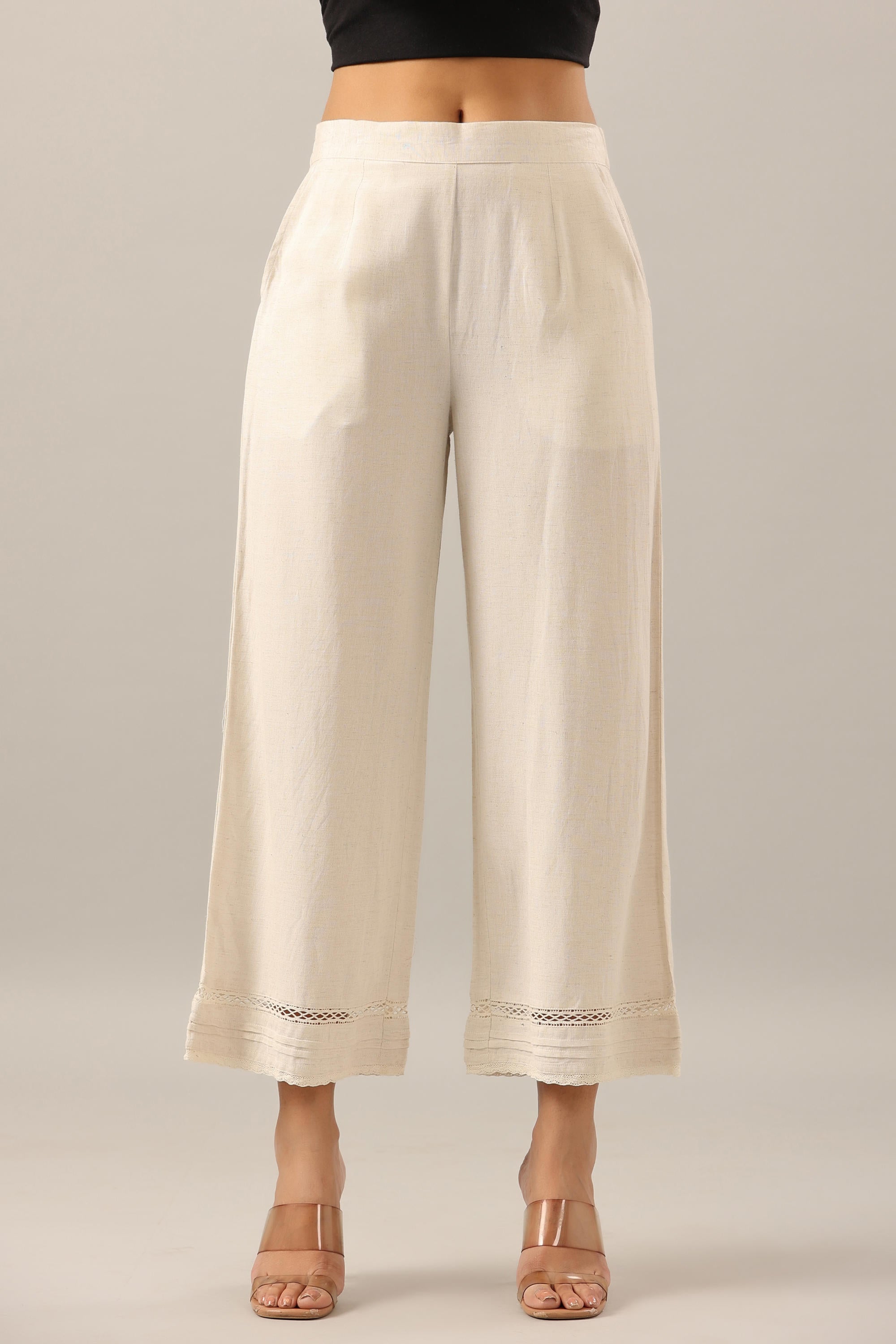 Off White Solid Liva Rayon Pant Palazzo