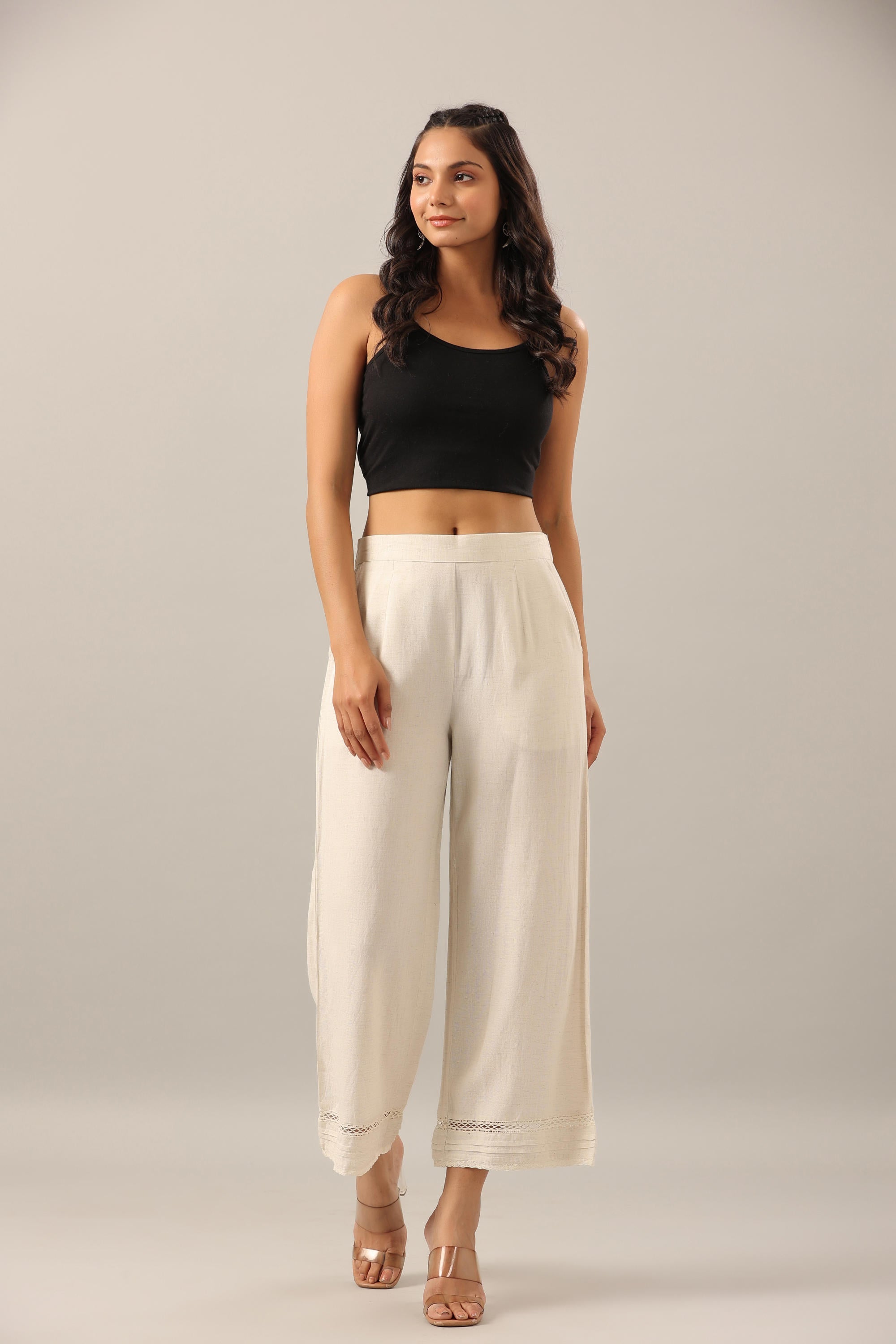 Off White Solid Liva Rayon Pant Palazzo