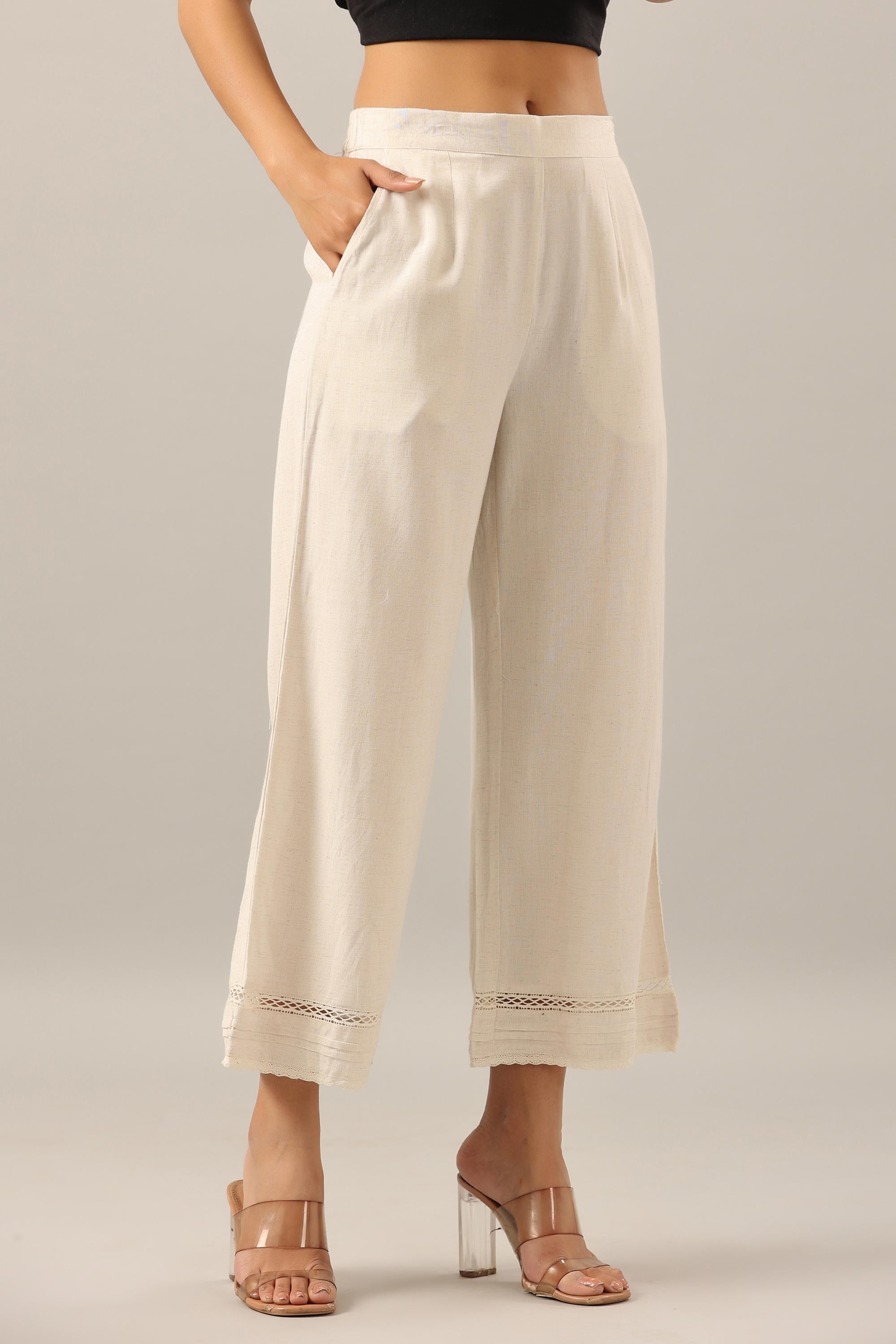 Off White Solid Liva Rayon Pant Palazzo