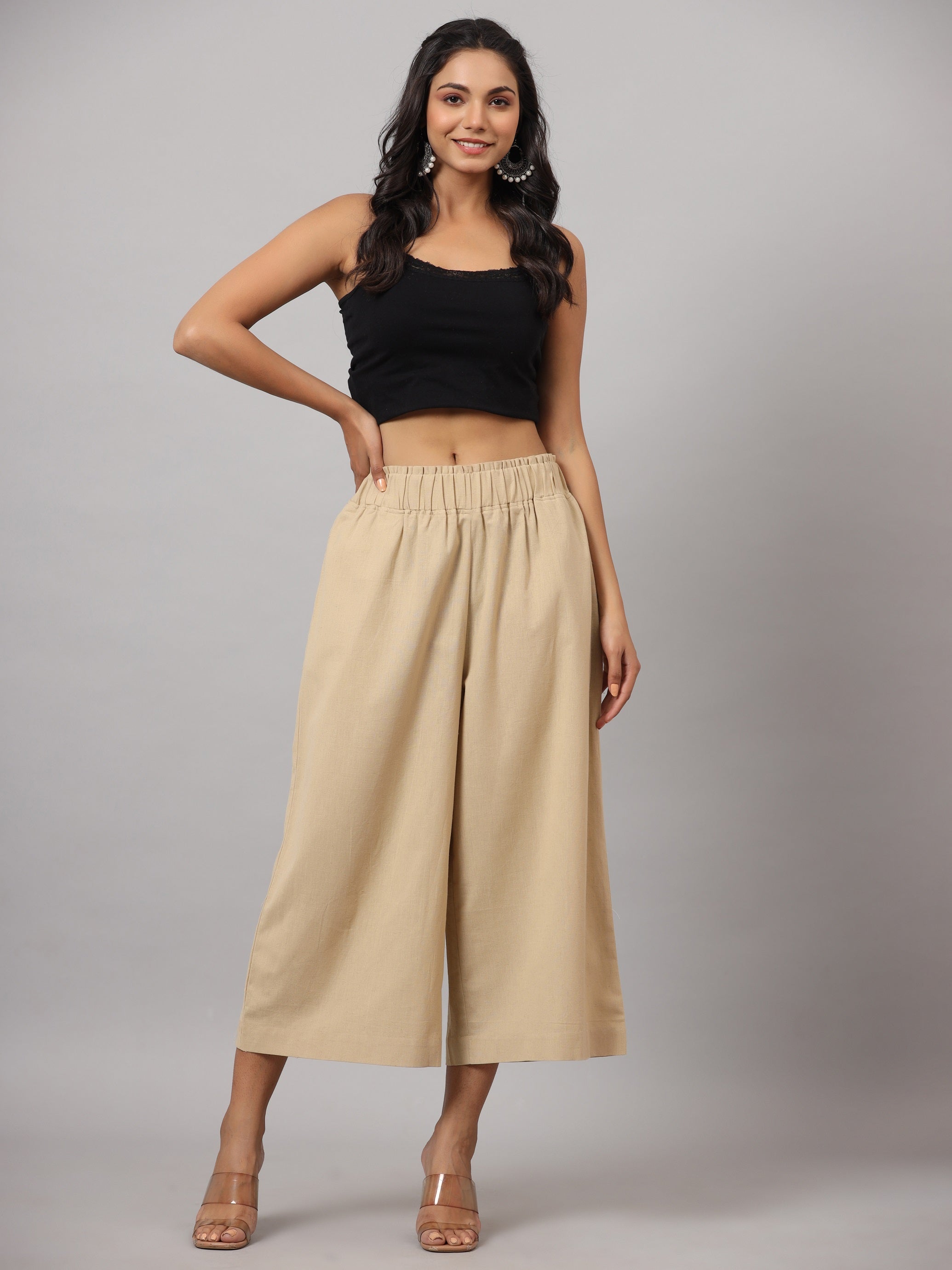 Juniper Women's Beige Cotton Flex Flared Culottes