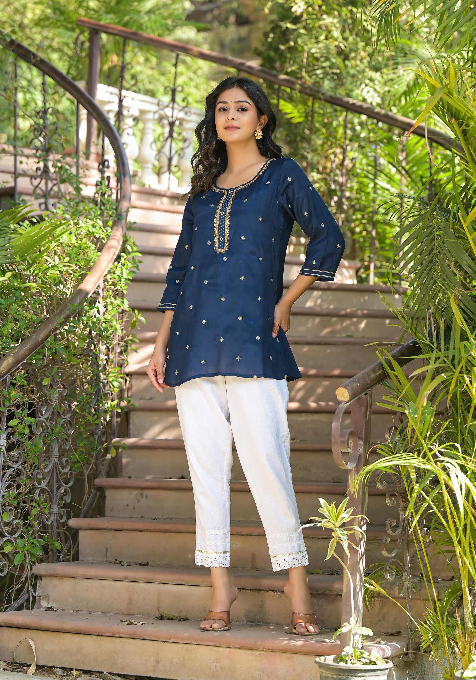 Navy Zari Embroidered Viscose Tunic With Sequins