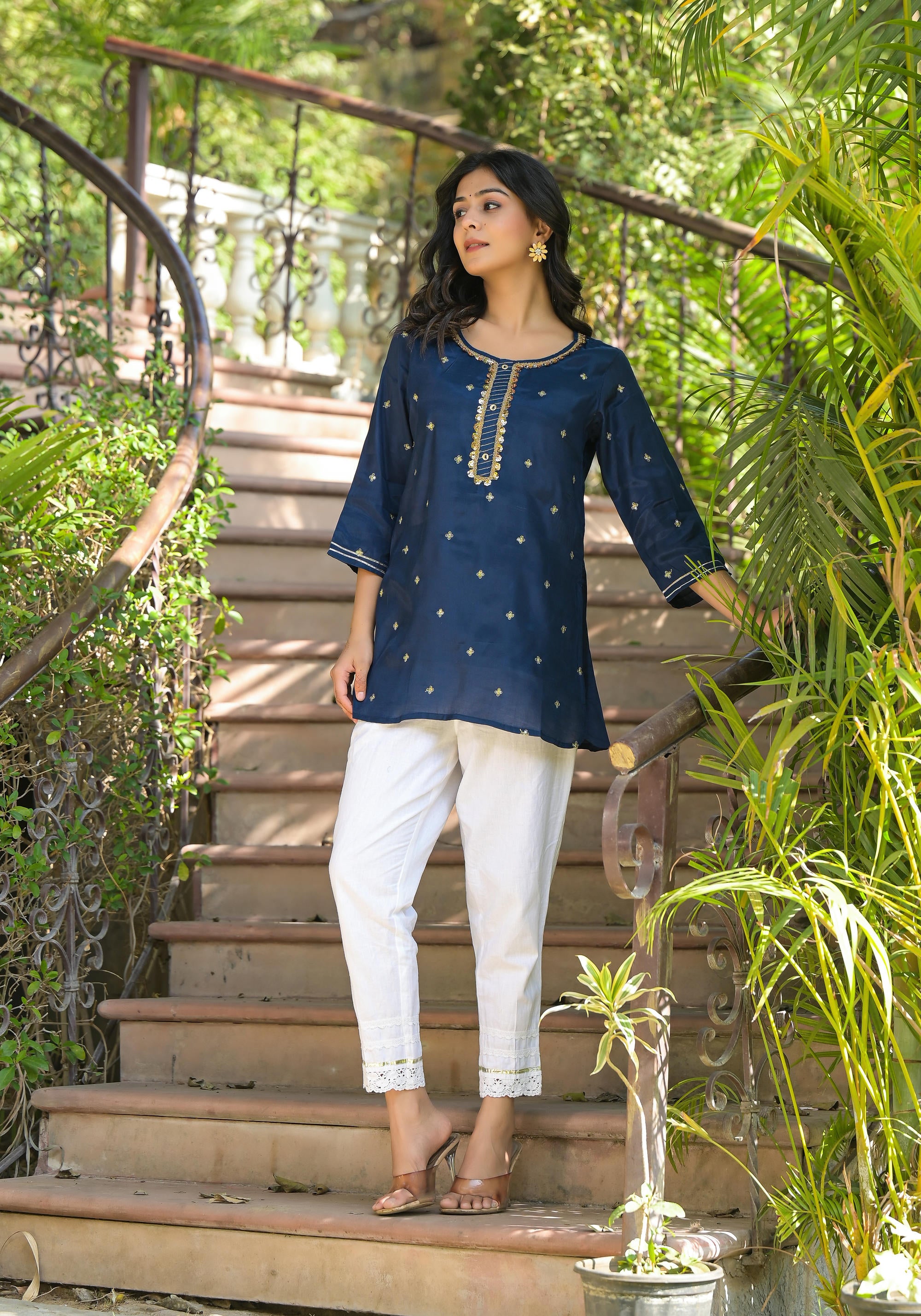 Navy Zari Embroidered Viscose Tunic With Sequins