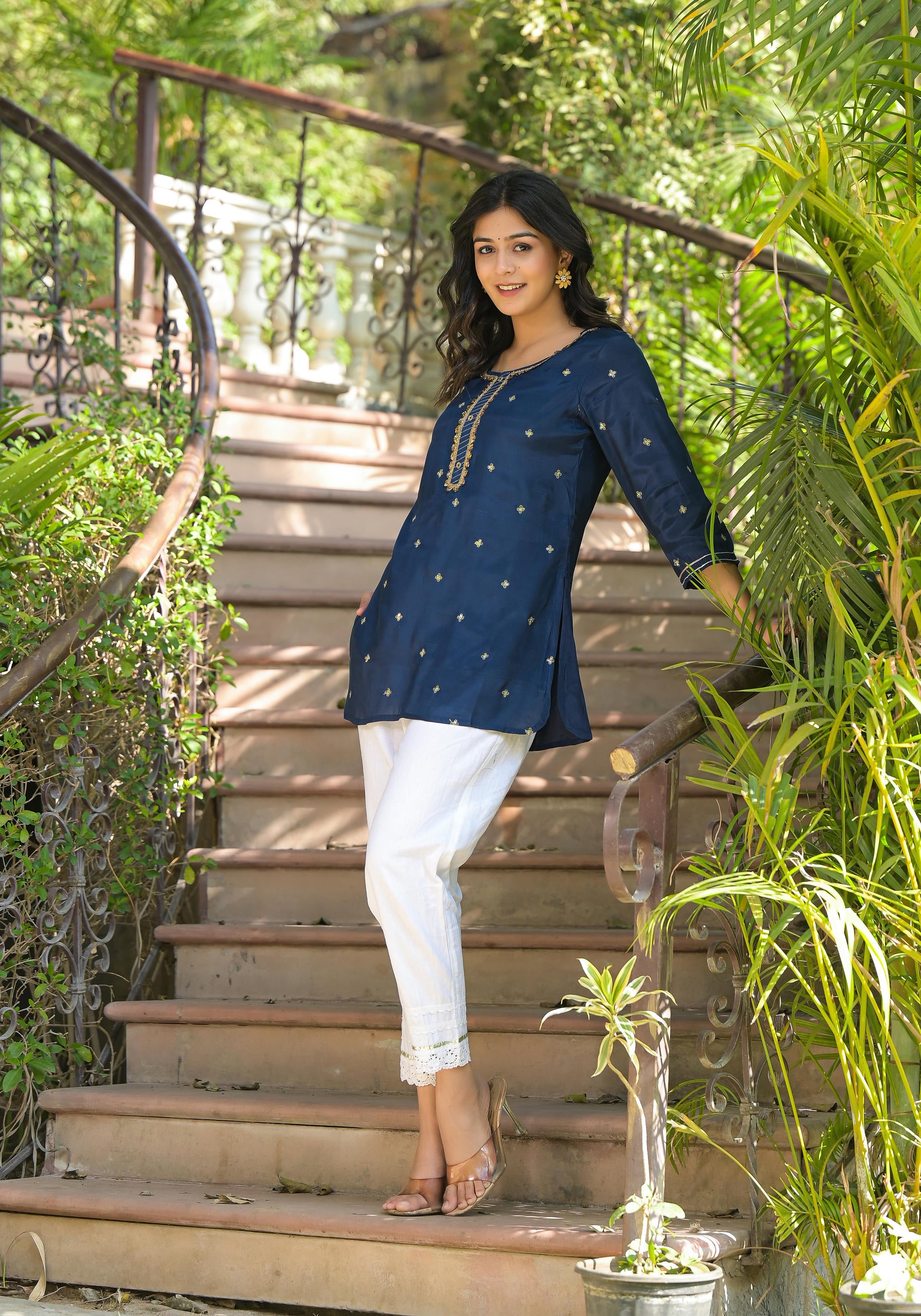 Navy Zari Embroidered Viscose Tunic With Sequins