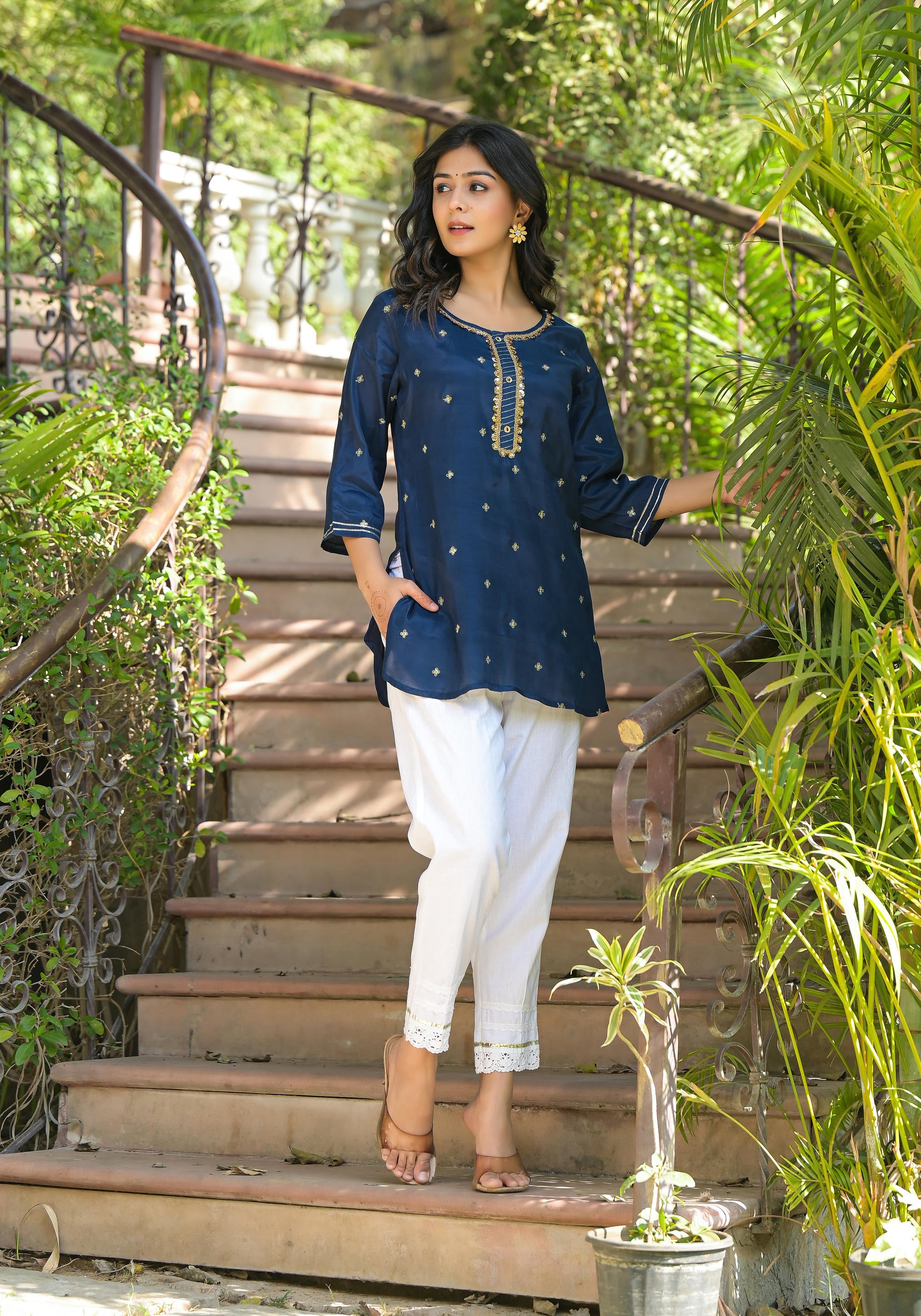 Navy Zari Embroidered Viscose Tunic With Sequins