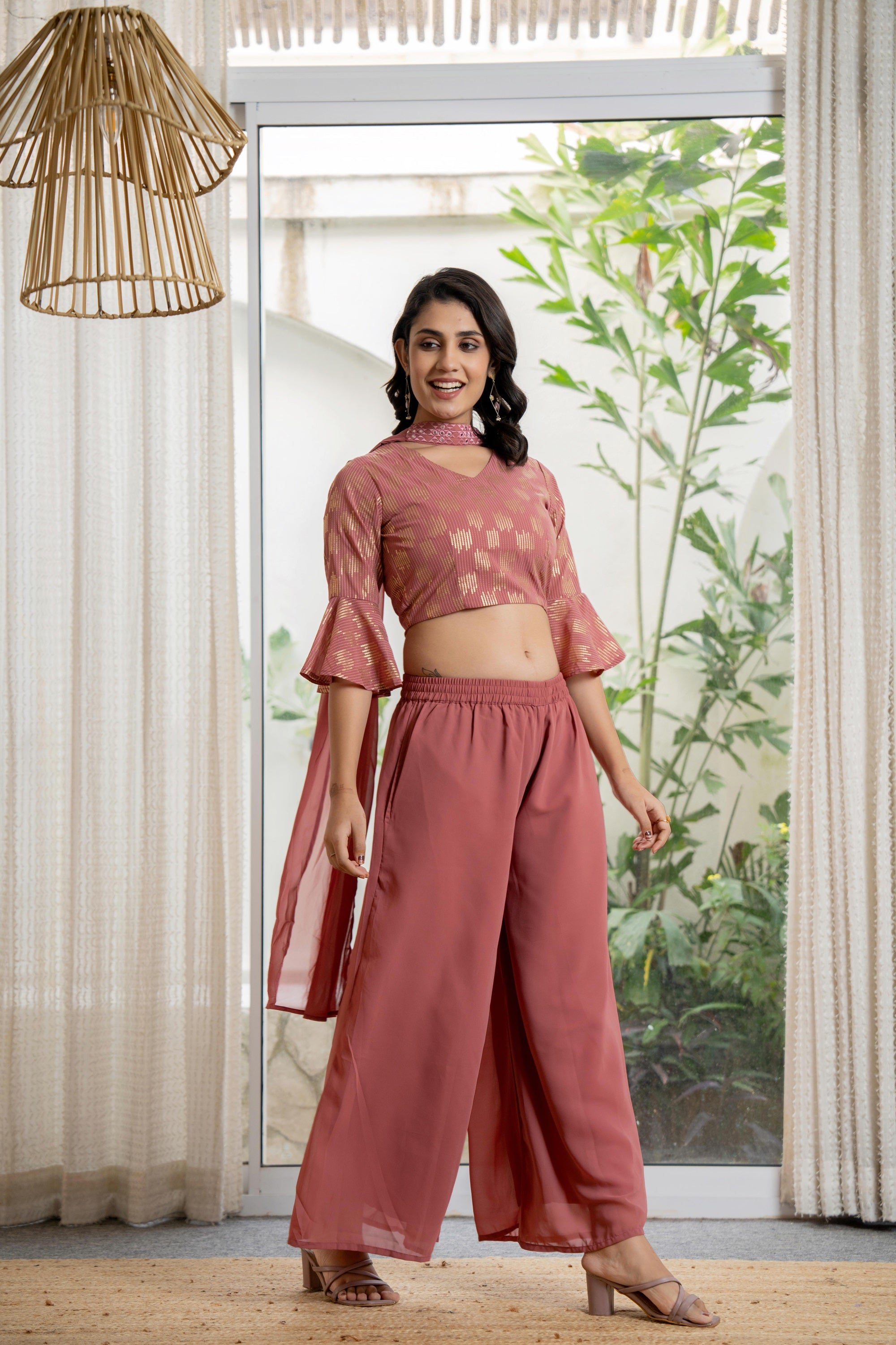Peach Solid Georgette Crop Top, Palazzo & Dupatta Set With Sequins & Thread Work