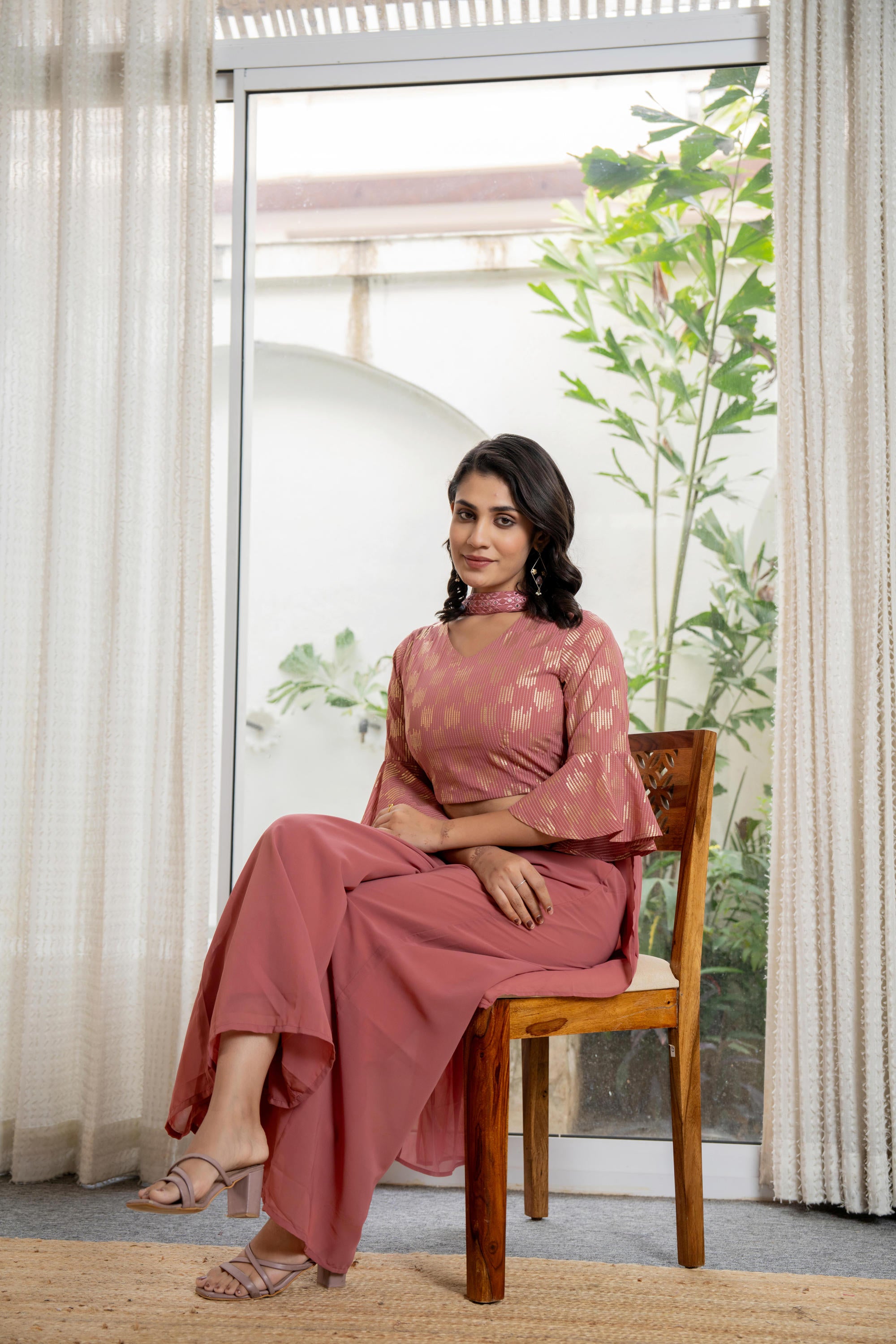 Peach Solid Georgette Crop Top, Palazzo & Dupatta Set With Sequins & Thread Work
