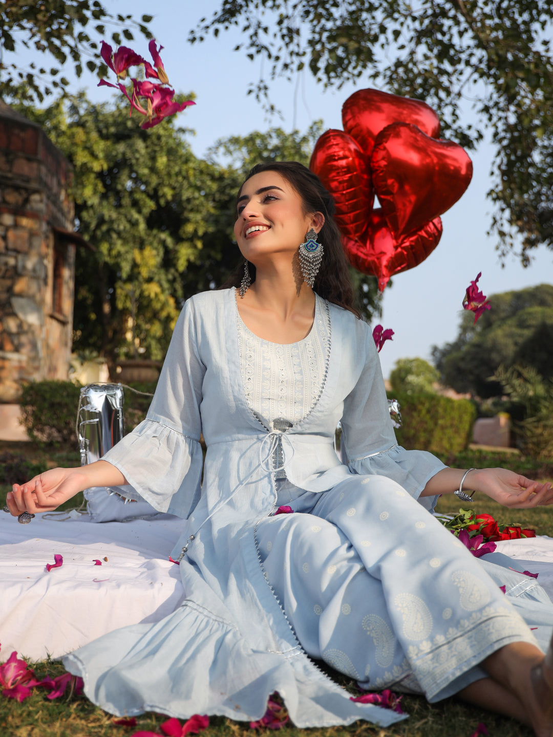 Juniper Powder blue Ethnic Motif printed rayon Crop Top Palazzo & Shrug With Beads & Sequins Work