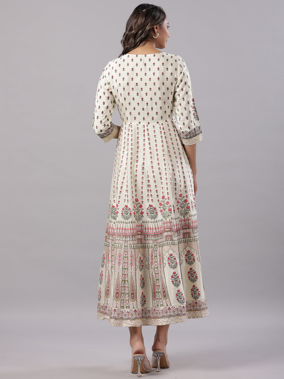 Juniper Yellow Ethnic Motif Printed Flared Shantoon Maxi Dress With Beads & Sequins Work