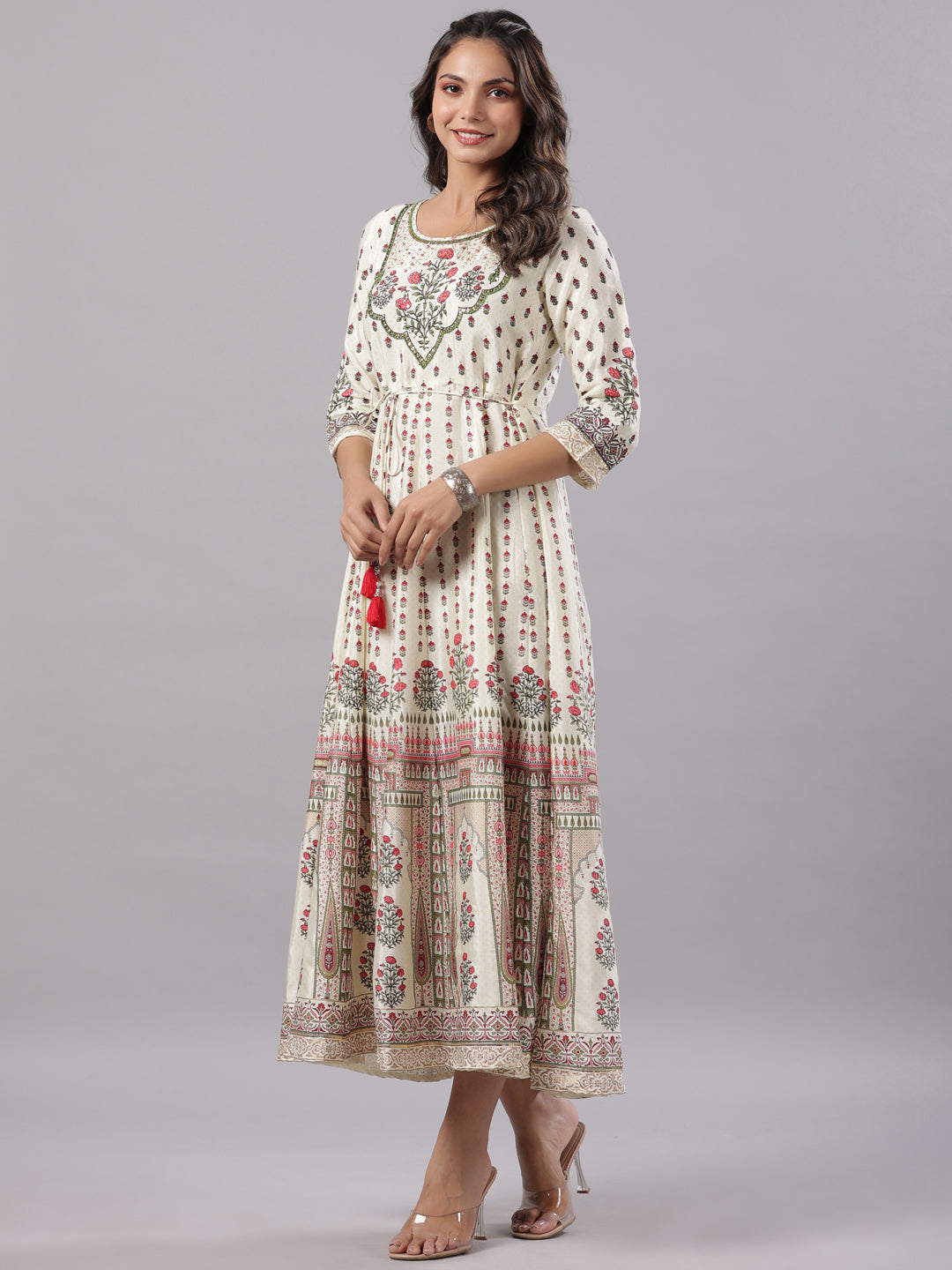 Juniper Yellow Ethnic Motif Printed Flared Shantoon Maxi Dress With Beads & Sequins Work