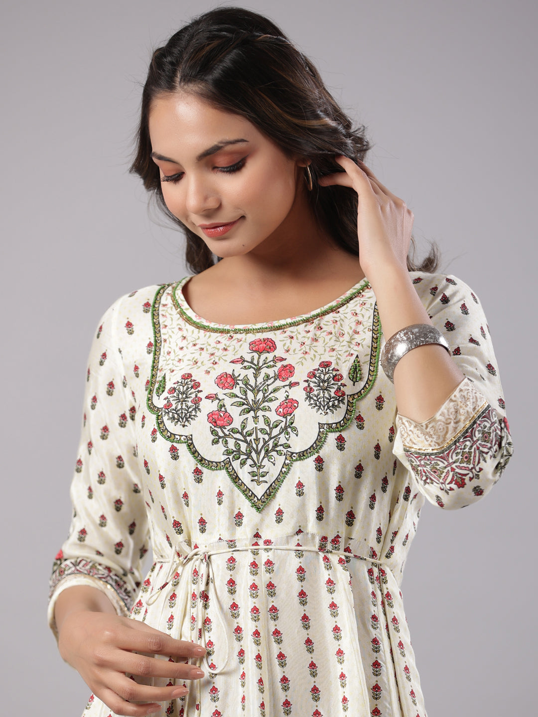 Juniper Yellow Ethnic Motif Printed Flared Shantoon Maxi Dress With Beads & Sequins Work