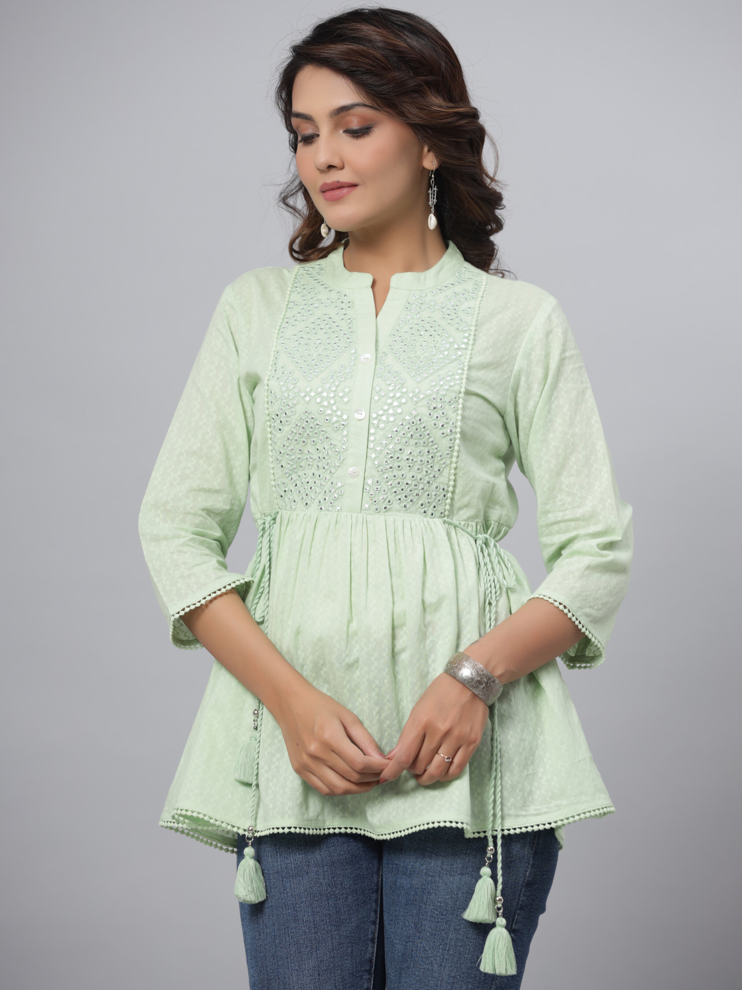 Juniper  Green Ethnic Motif Printed Cotton Dobby Tunic With Mirror Work Embroidery