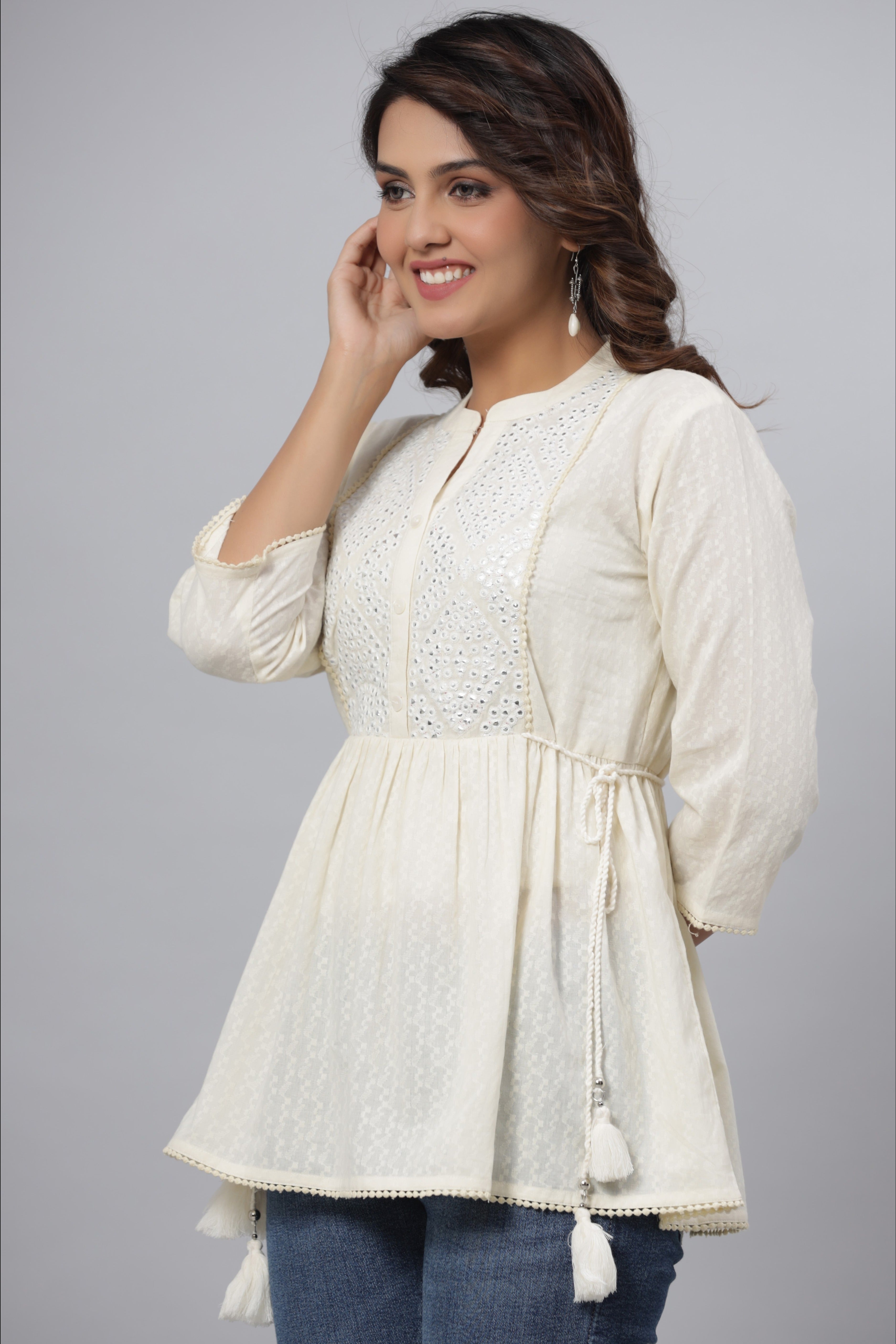 Juniper Off-White Ethnic Motif Printed Cotton Dobby Tunic With Mirror Work Embroidery