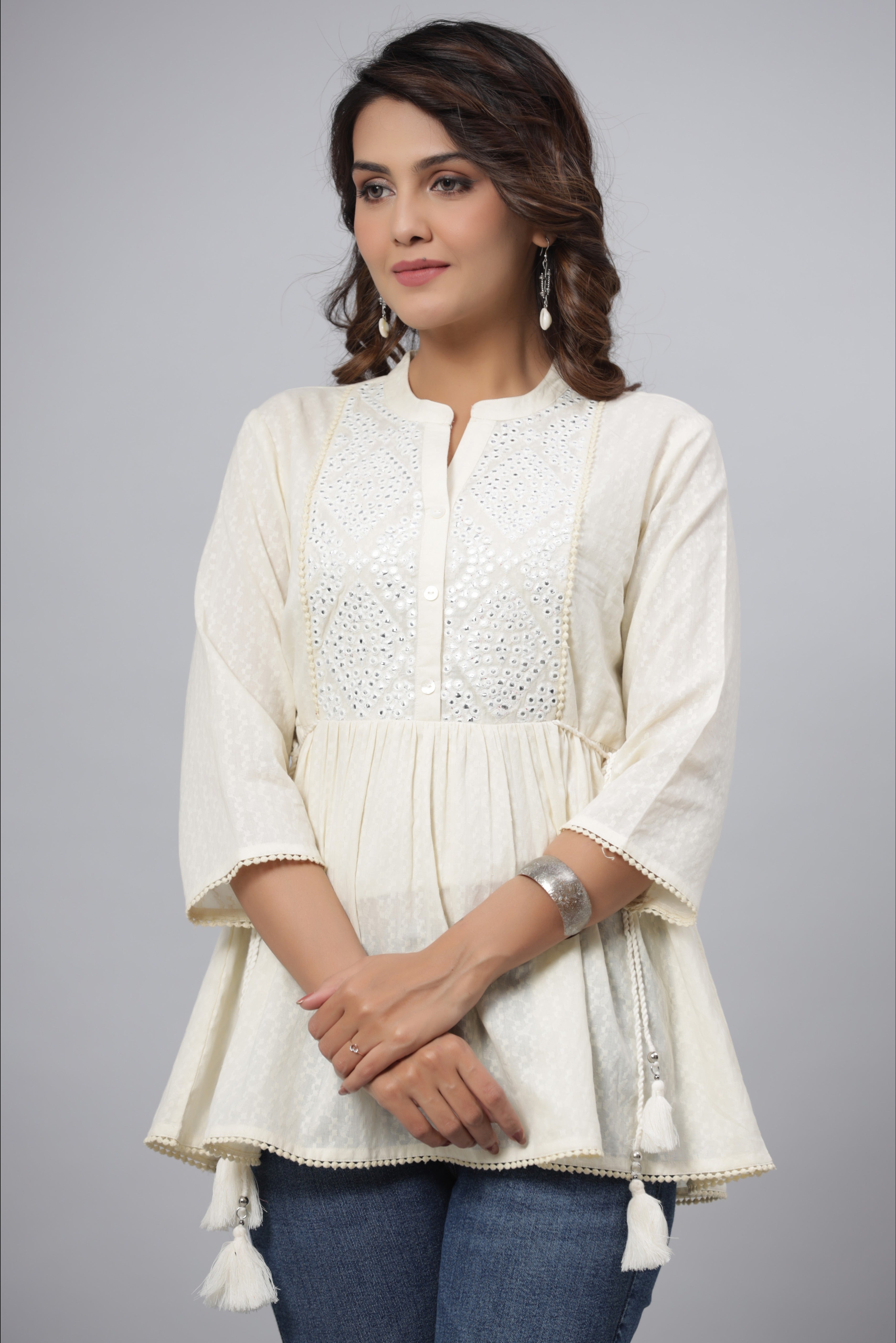 Juniper Off-White Ethnic Motif Printed Cotton Dobby Tunic With Mirror Work Embroidery