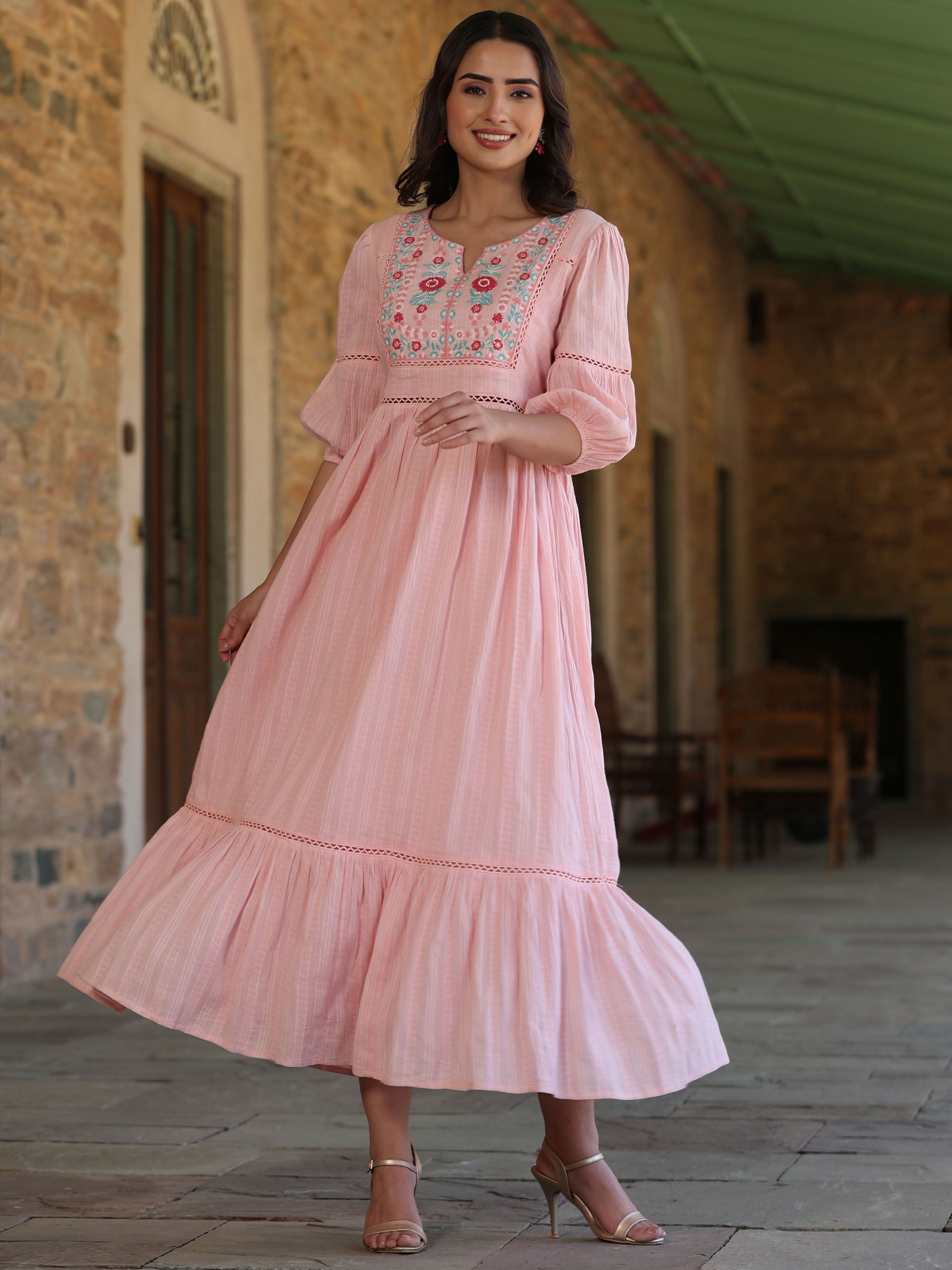 Juniper Pink Floral Printed Tiered Cotton Dobby Maxi Dress With Thread Embroidery