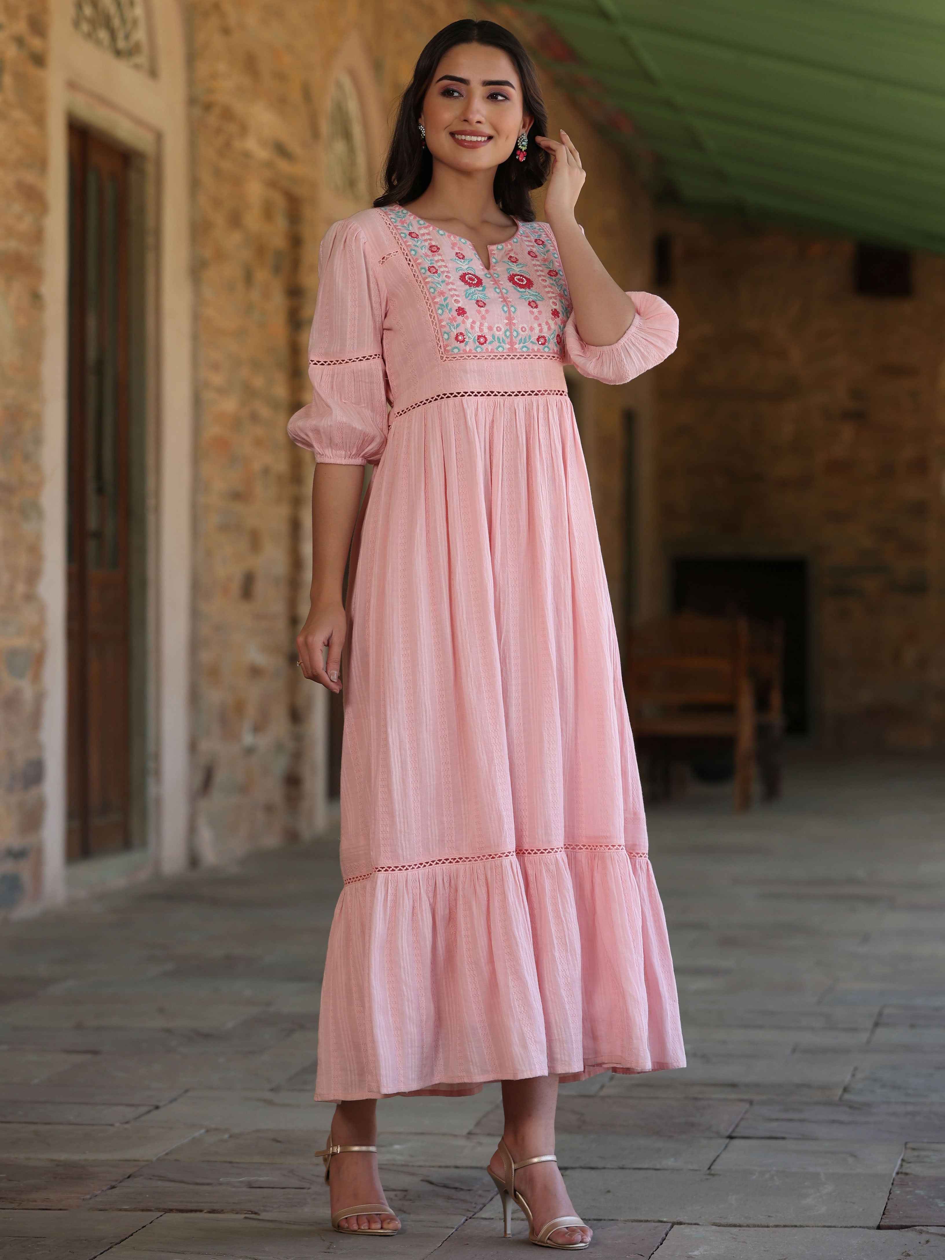 Juniper Pink Floral Printed Tiered Cotton Dobby Maxi Dress With Thread Embroidery