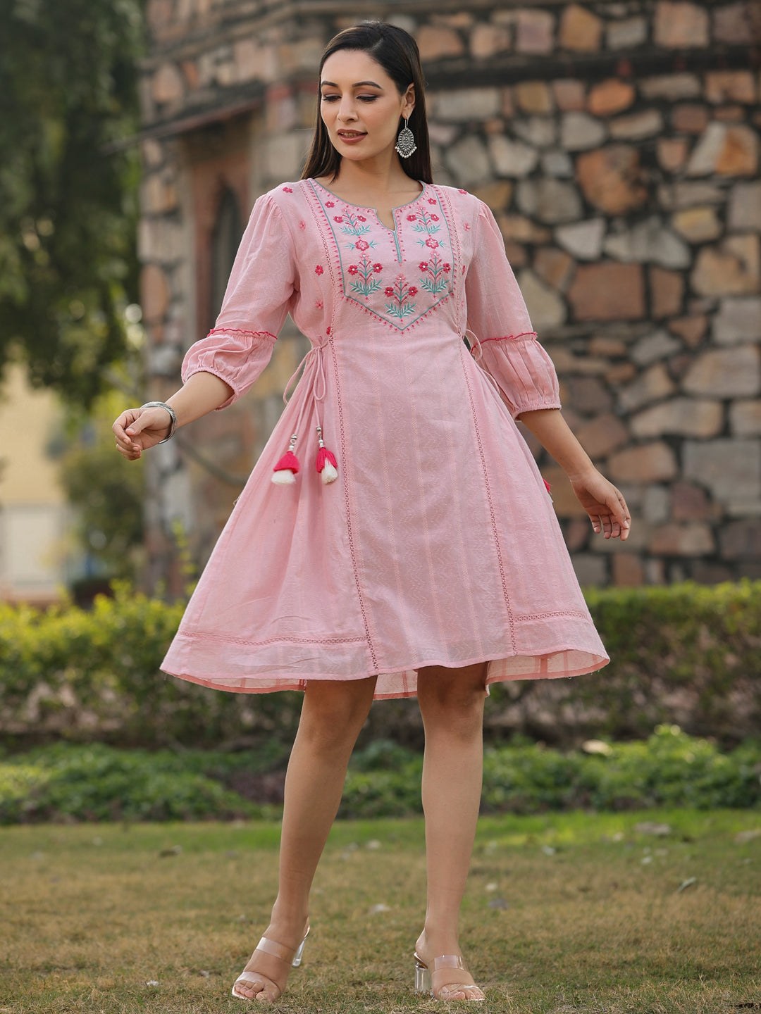 Juniper Pink Floral Printed Cotton Dobby Flared Short Dress With Thread Embroidery