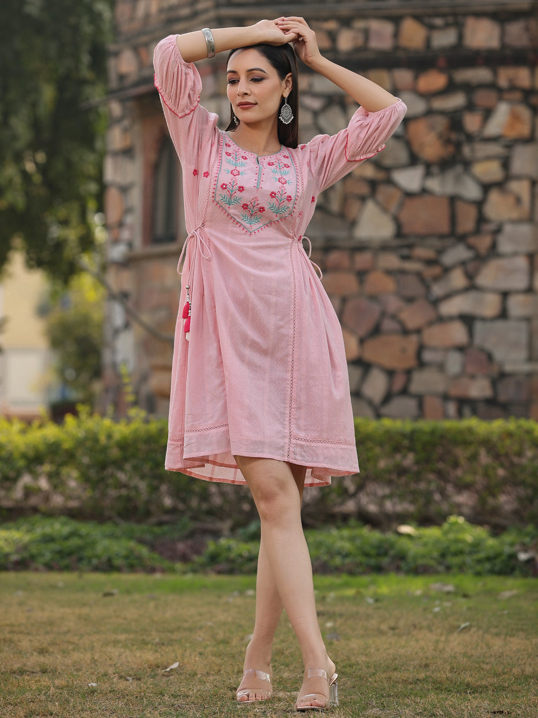 Juniper Pink Floral Printed Cotton Dobby Flared Short Dress With Thread Embroidery