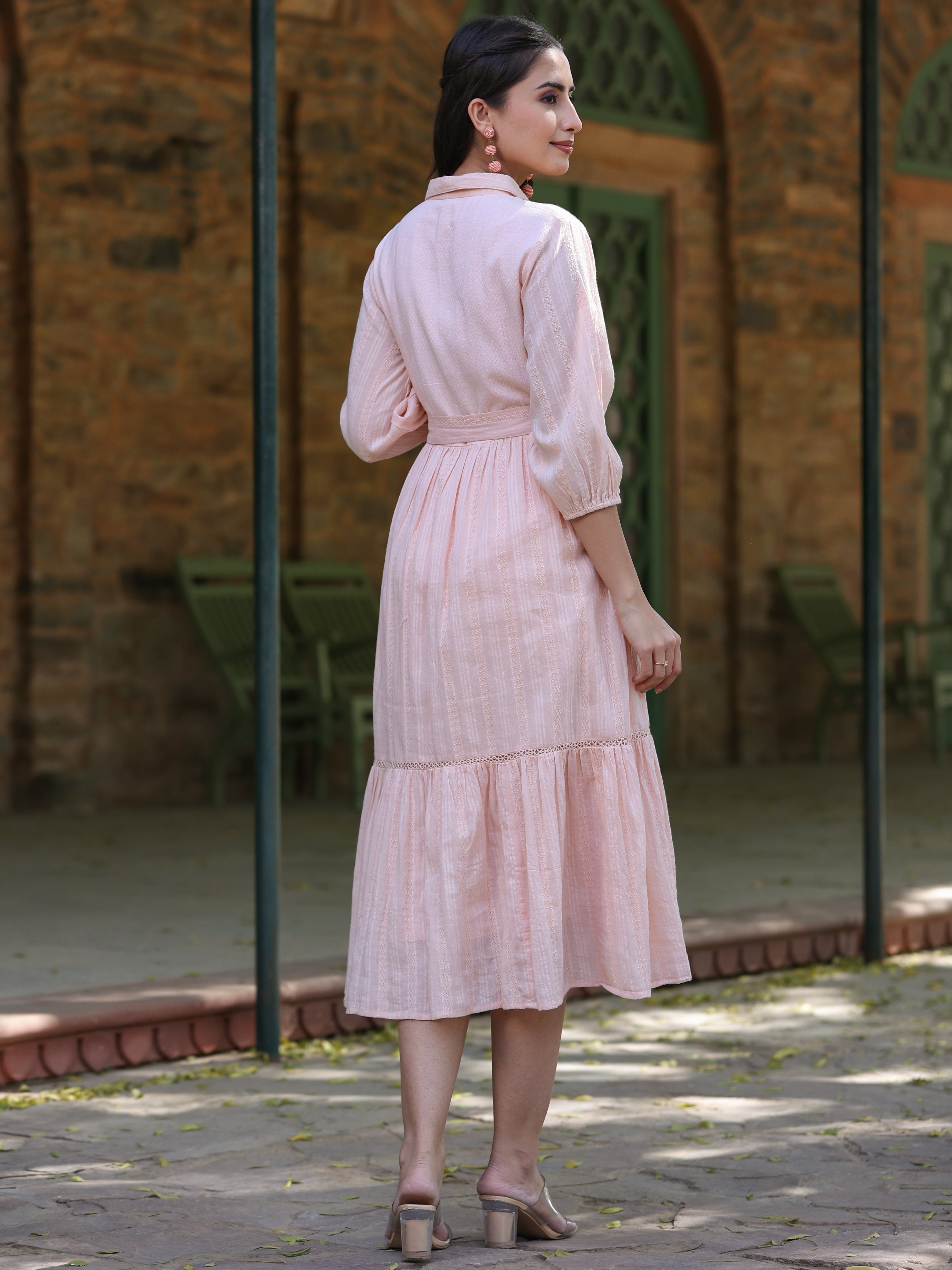 Juniper Peach Embroidered Cotton Dobby Shirt Midi Dress