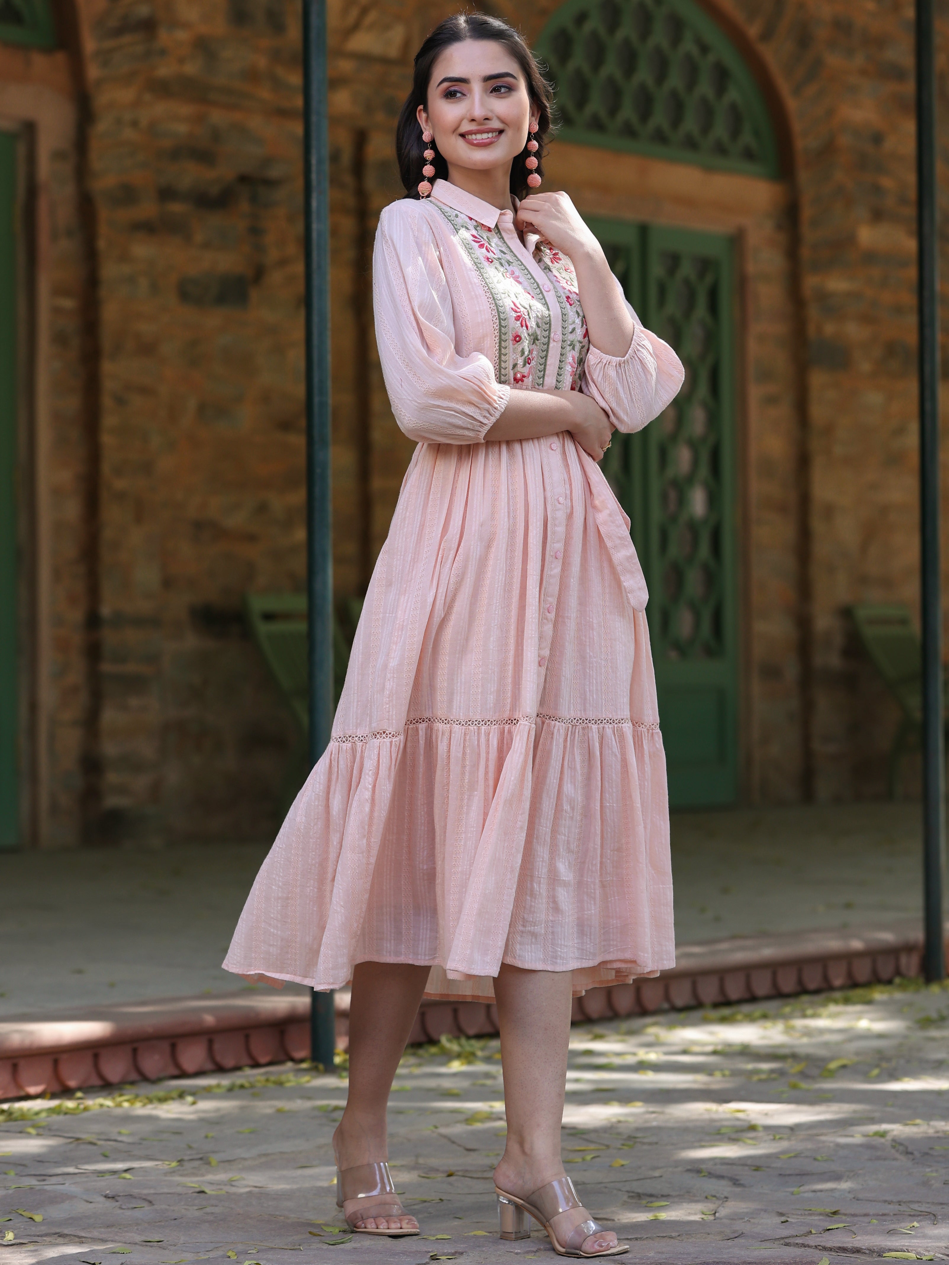 Juniper Peach Embroidered Cotton Dobby Shirt Midi Dress
