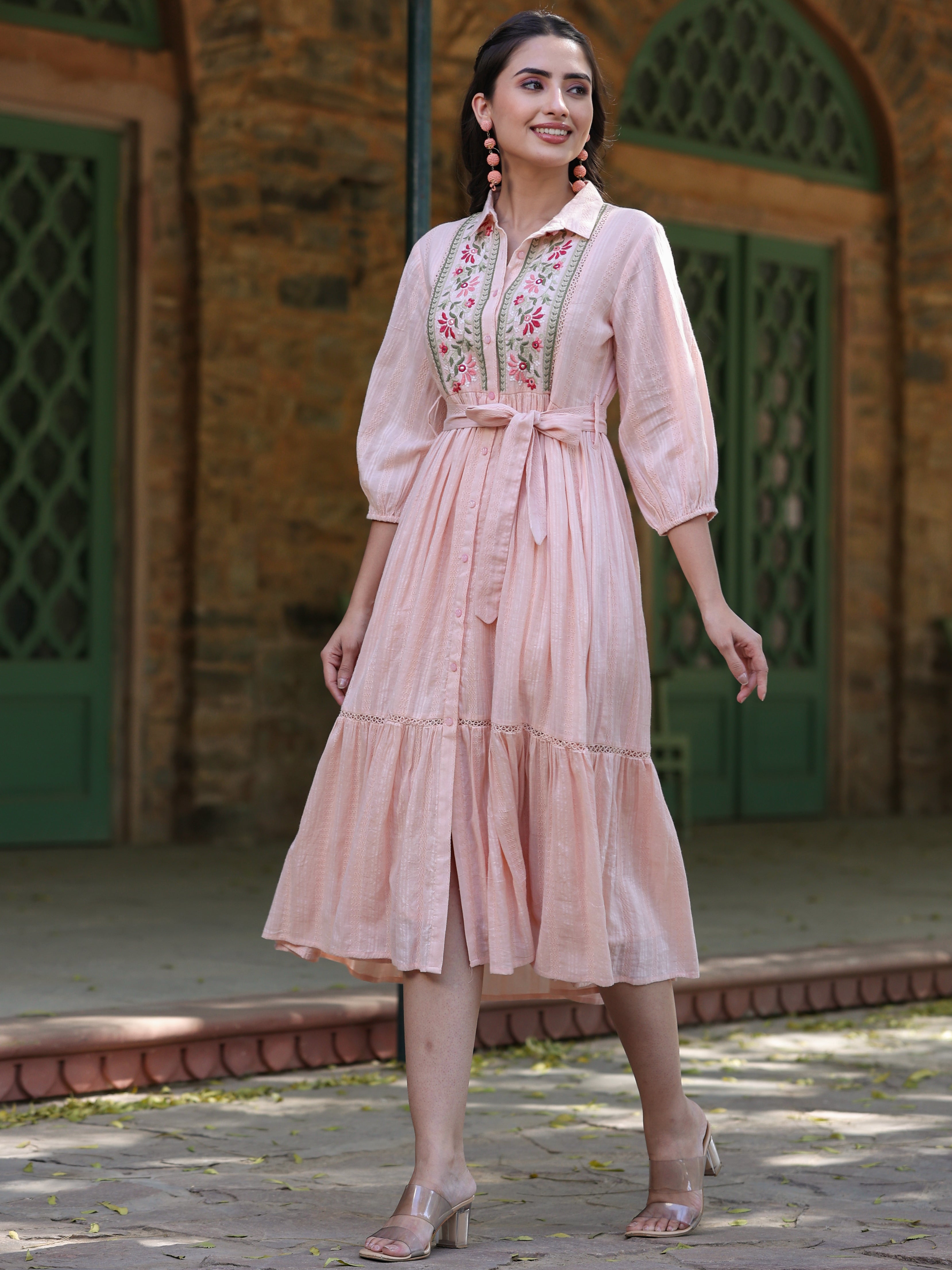 Juniper Peach Embroidered Cotton Dobby Shirt Midi Dress
