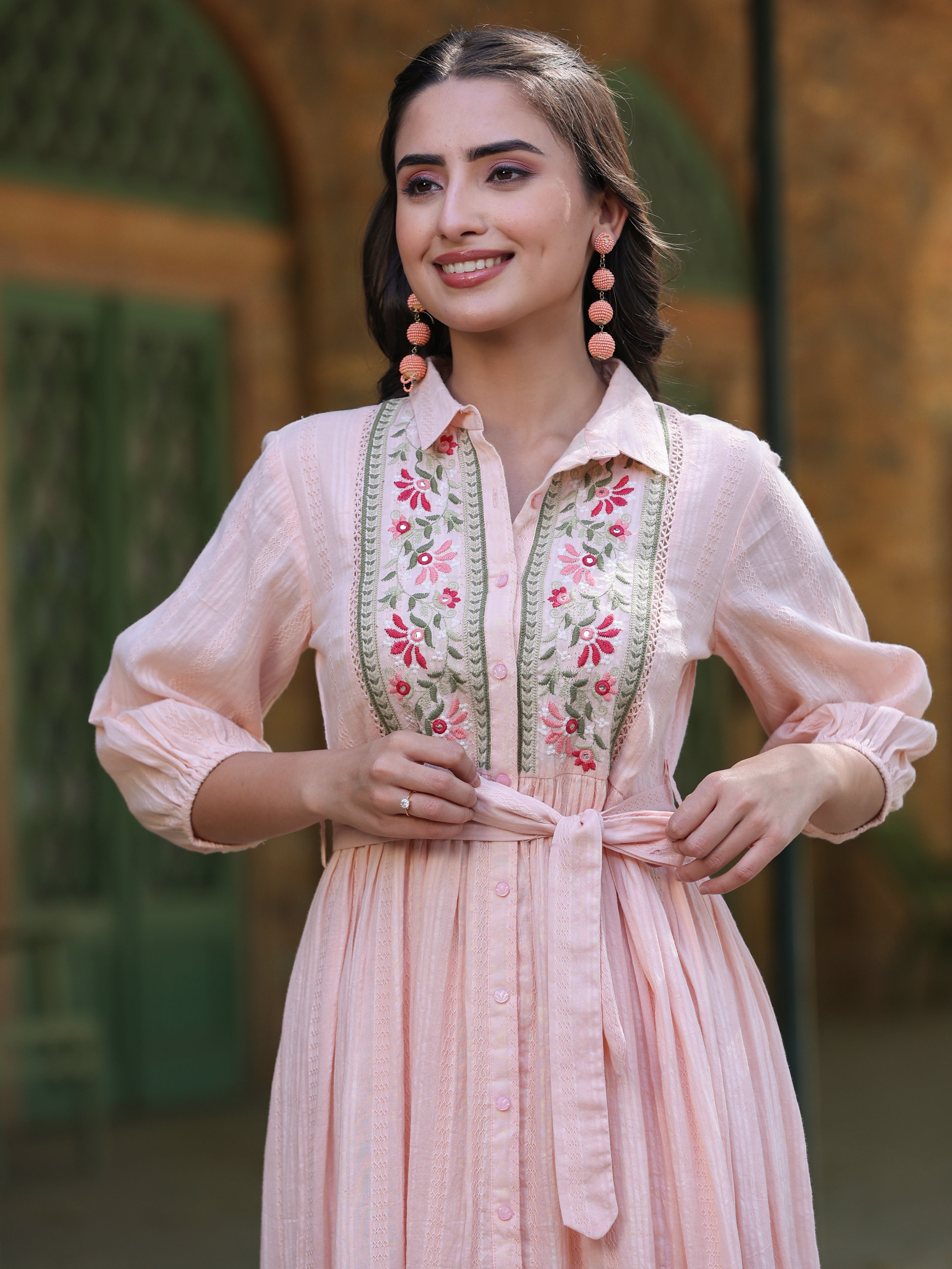 Juniper Peach Embroidered Cotton Dobby Shirt Midi Dress
