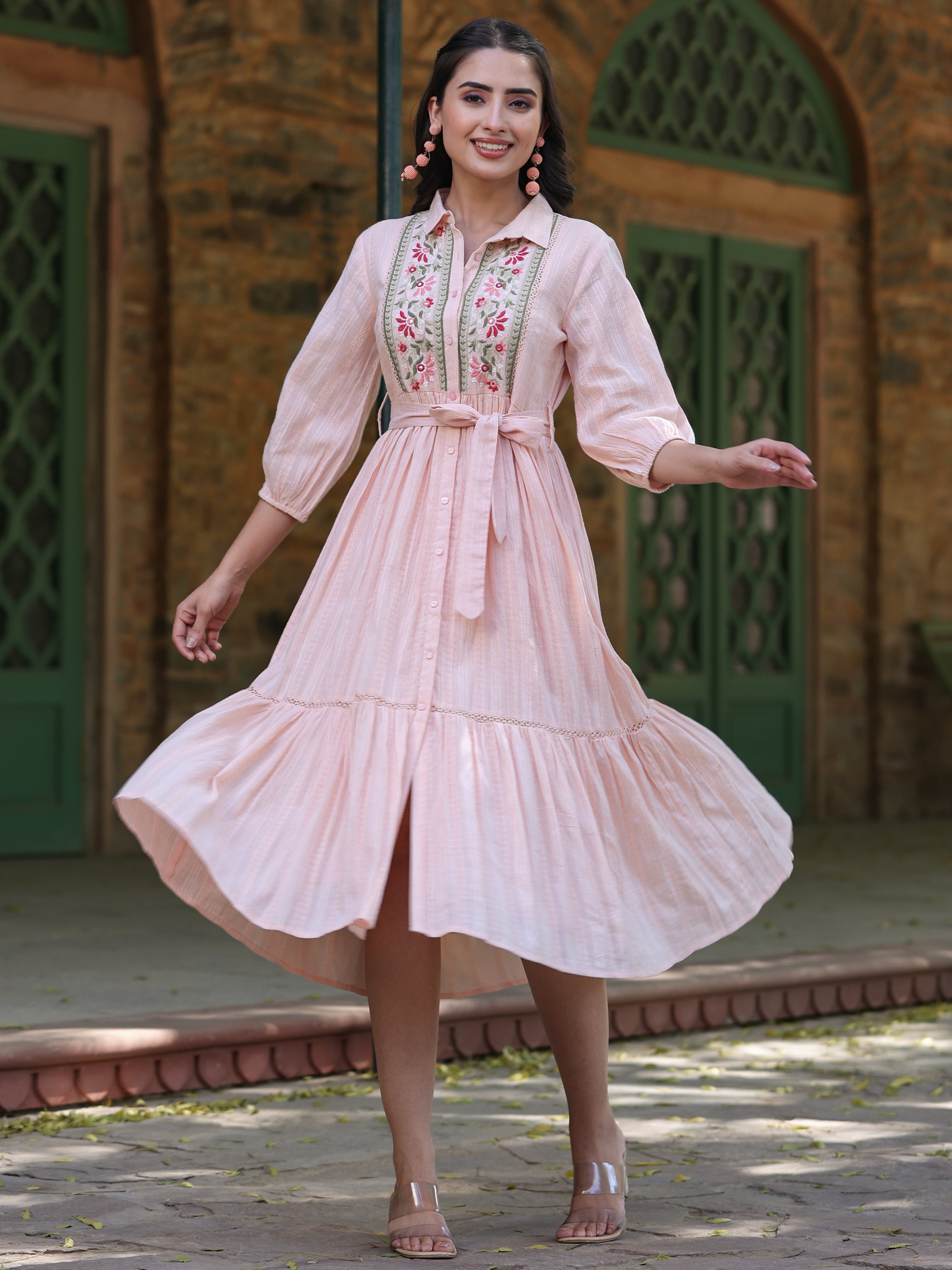 Juniper Peach Embroidered Cotton Dobby Shirt Midi Dress