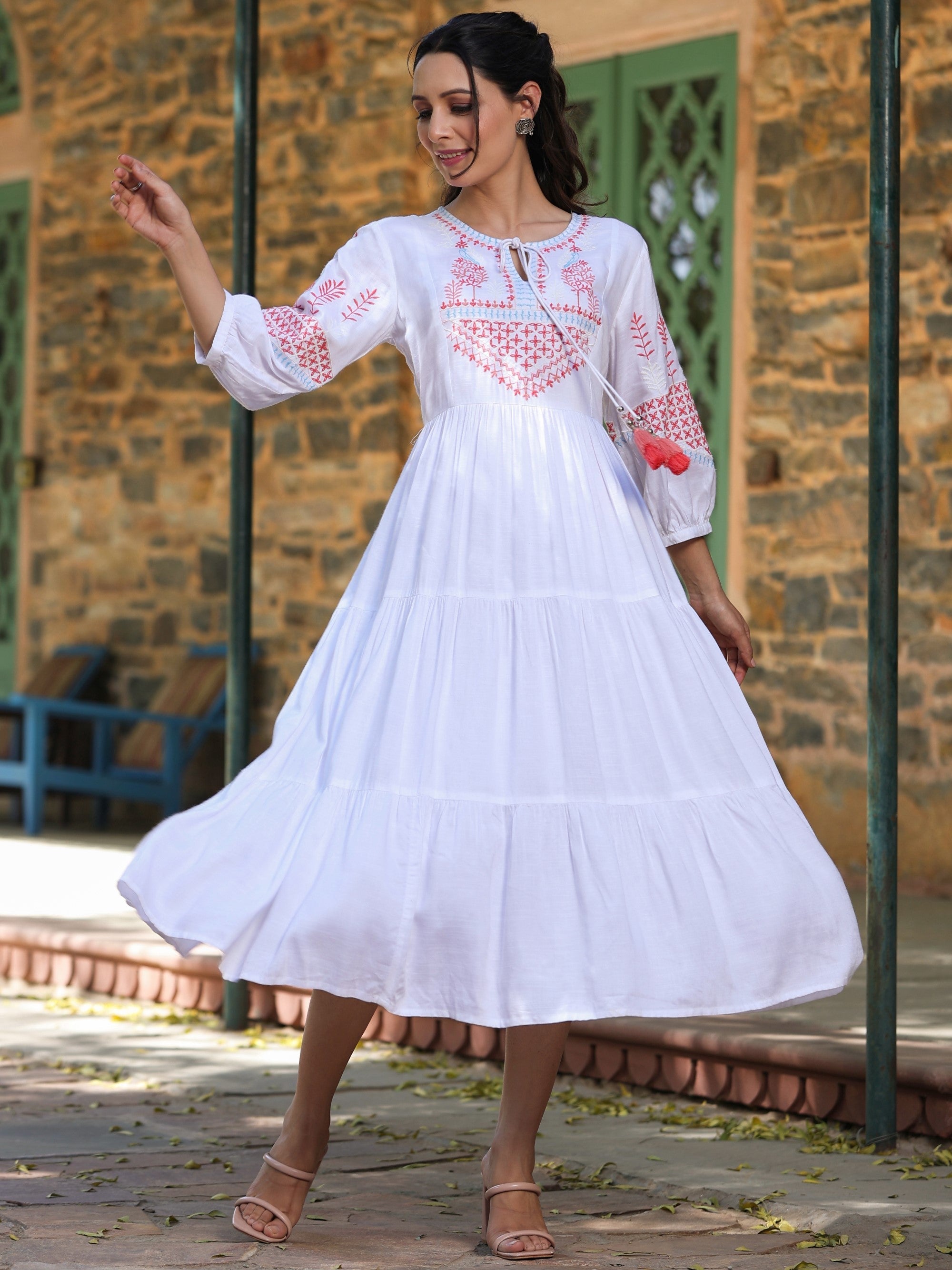Juniper White Ethnic Motif Printed Rayon Slub Flared Dress With Thread Embroidery