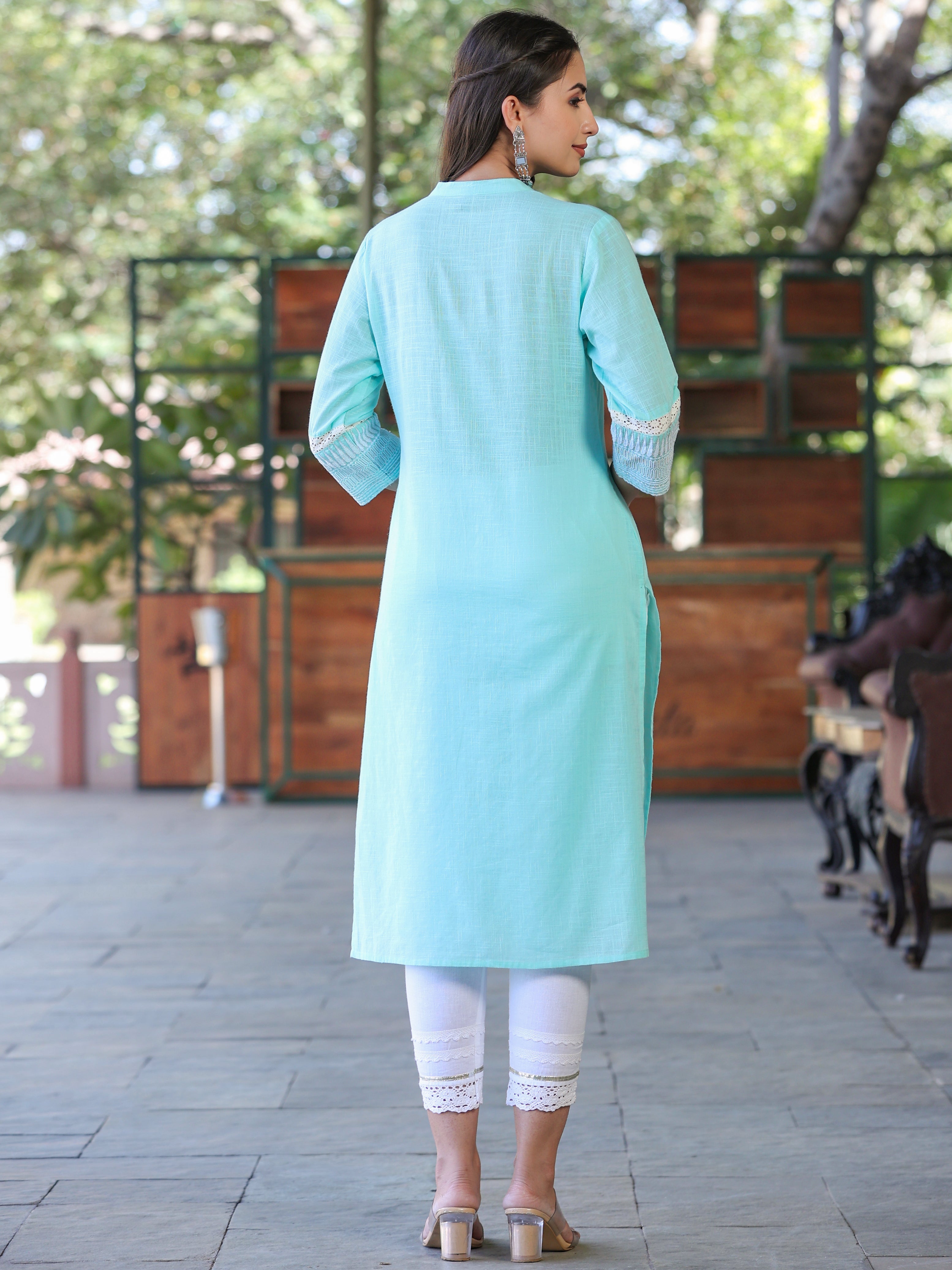 Juniper Sea Green Solid Cotton Slub Kurta With Buttons