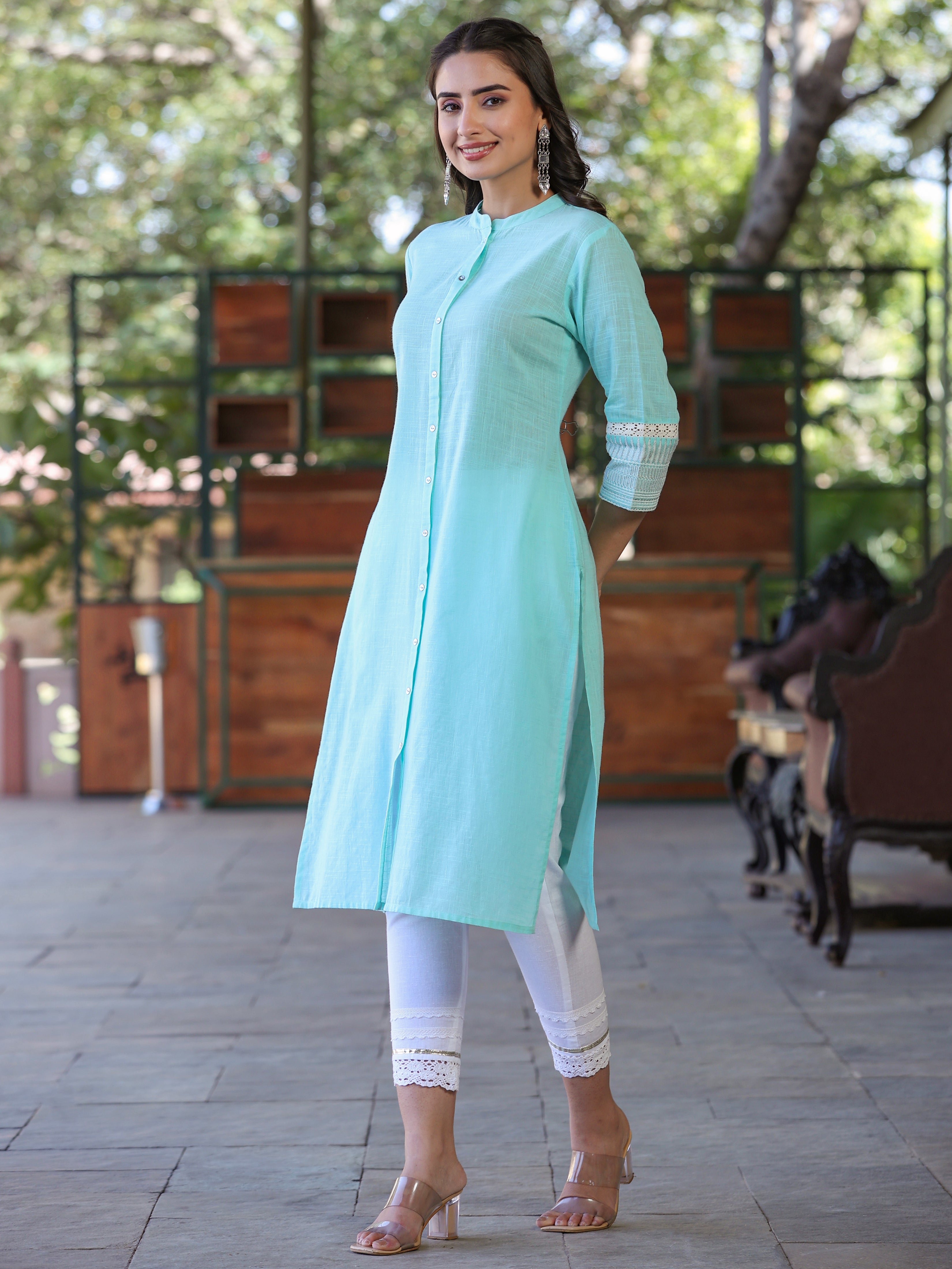 Juniper Sea Green Solid Cotton Slub Kurta With Buttons