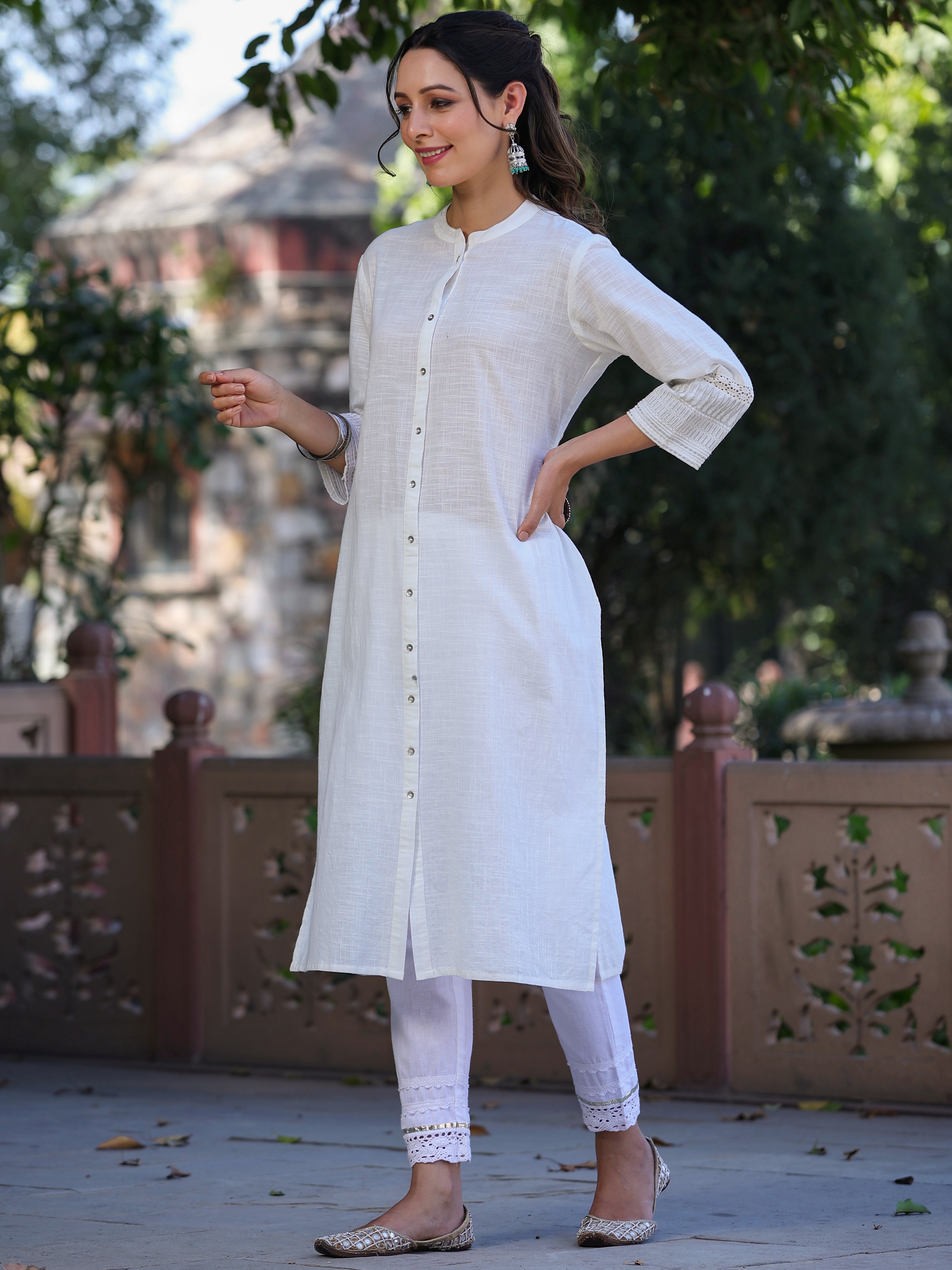 Juniper White Ethnic Motif Printed Cotton Slub Straight Kurta With Lace & Zari Work