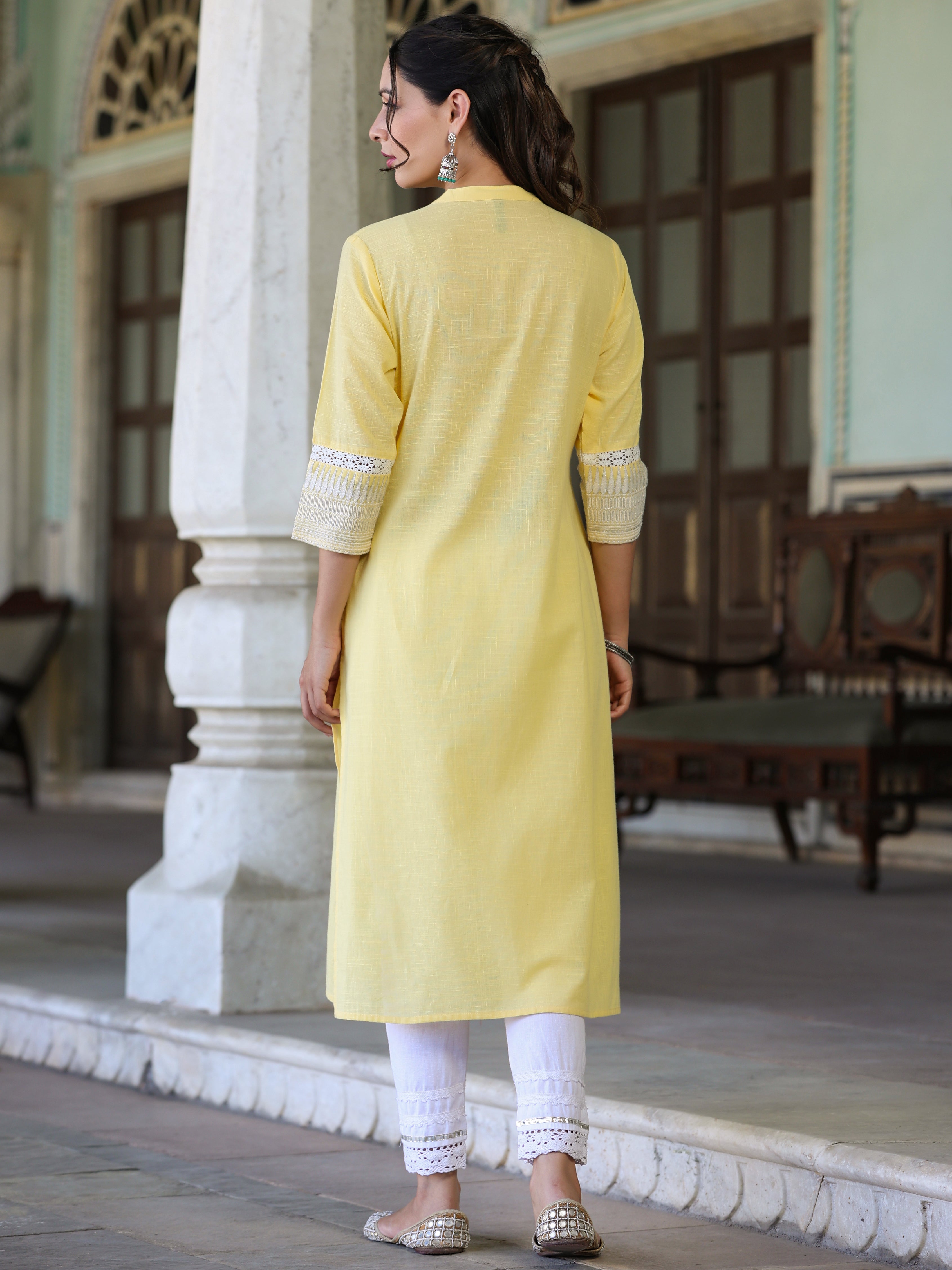 Juniper Yellow Ethnic Motif Printed Cotton Slub Straight Kurta With Lace & Zari Work