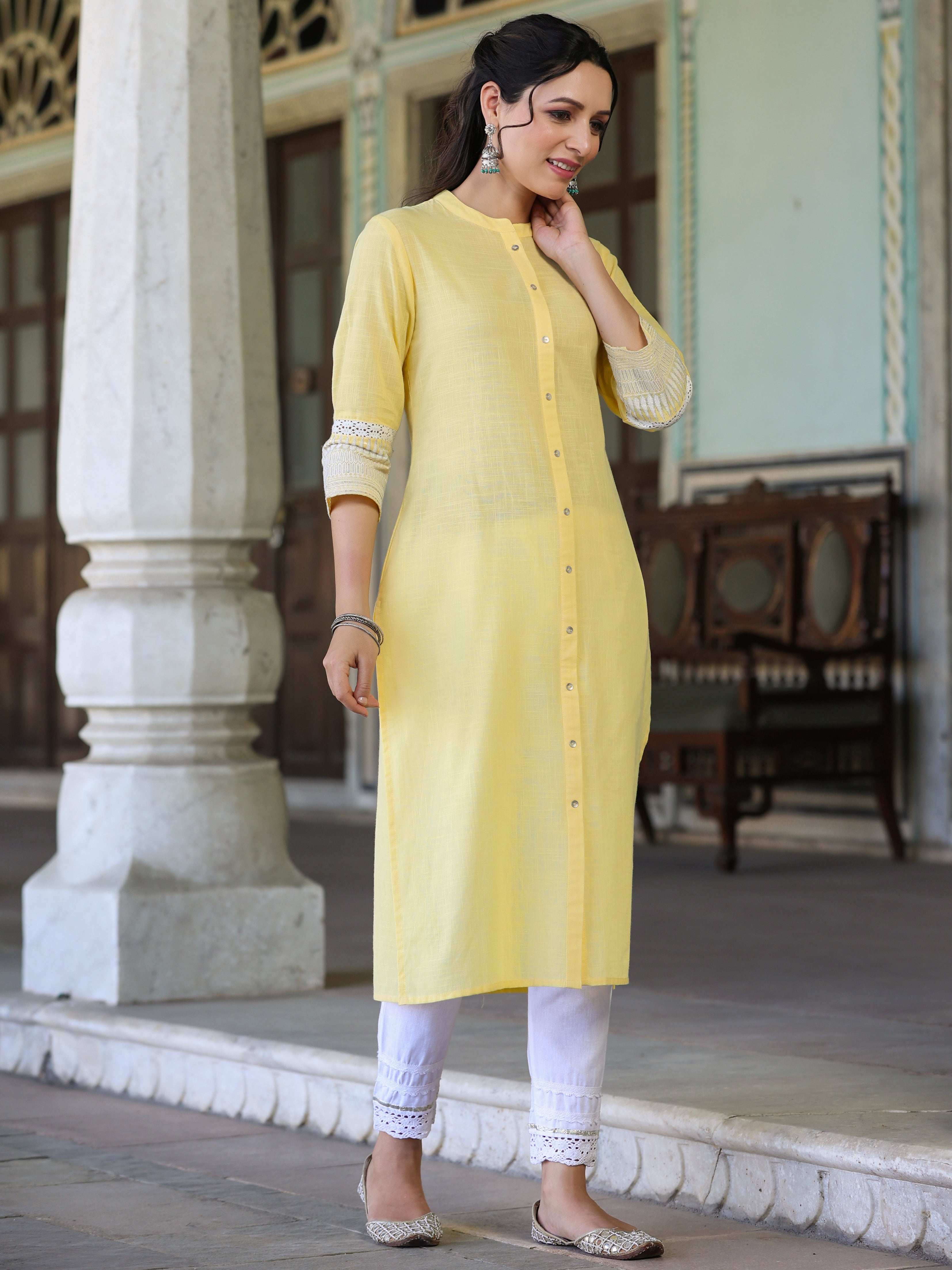 Juniper Yellow Ethnic Motif Printed Cotton Slub Straight Kurta With Lace & Zari Work