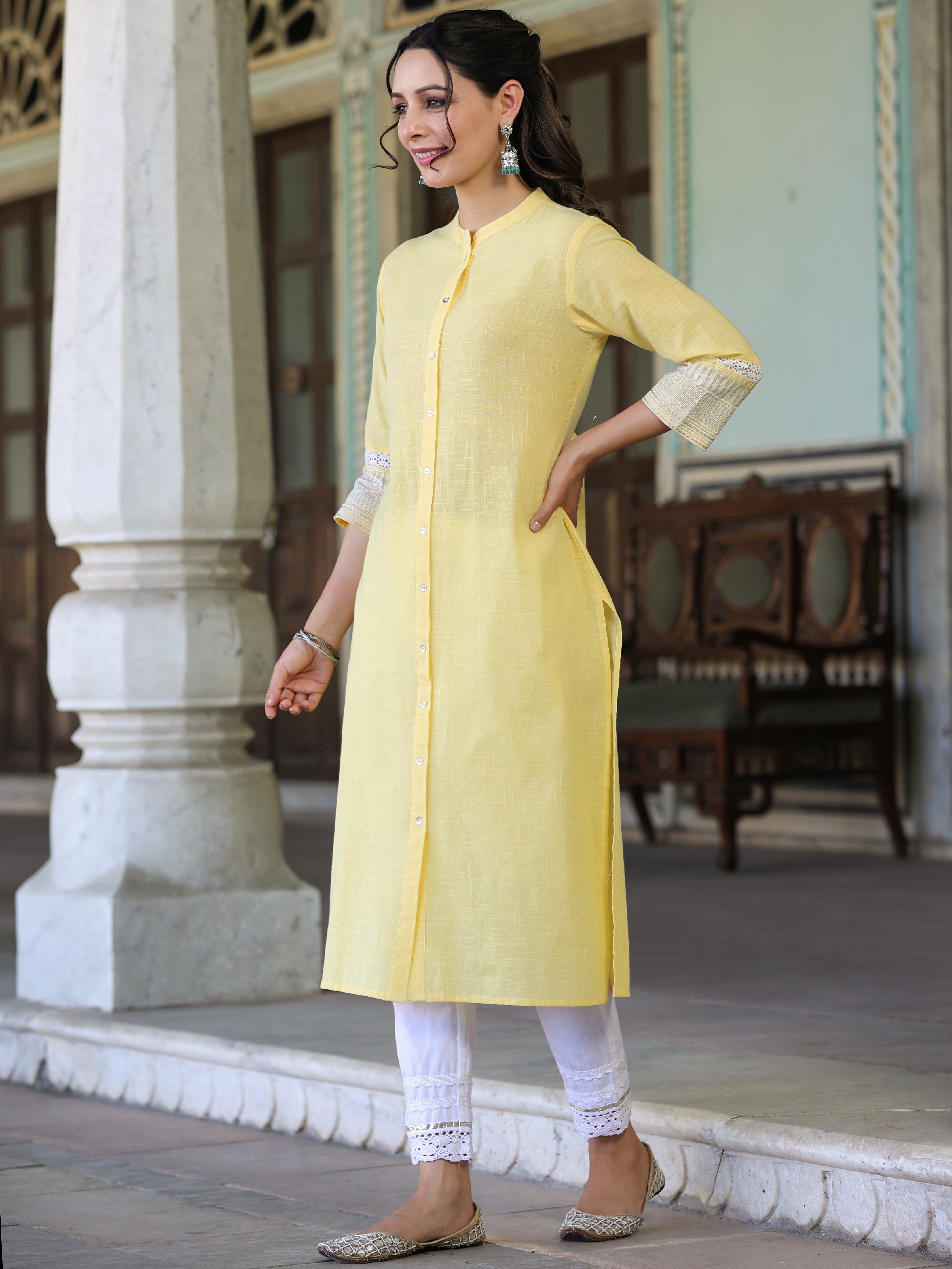 Juniper Yellow Ethnic Motif Printed Cotton Slub Straight Kurta With Lace & Zari Work