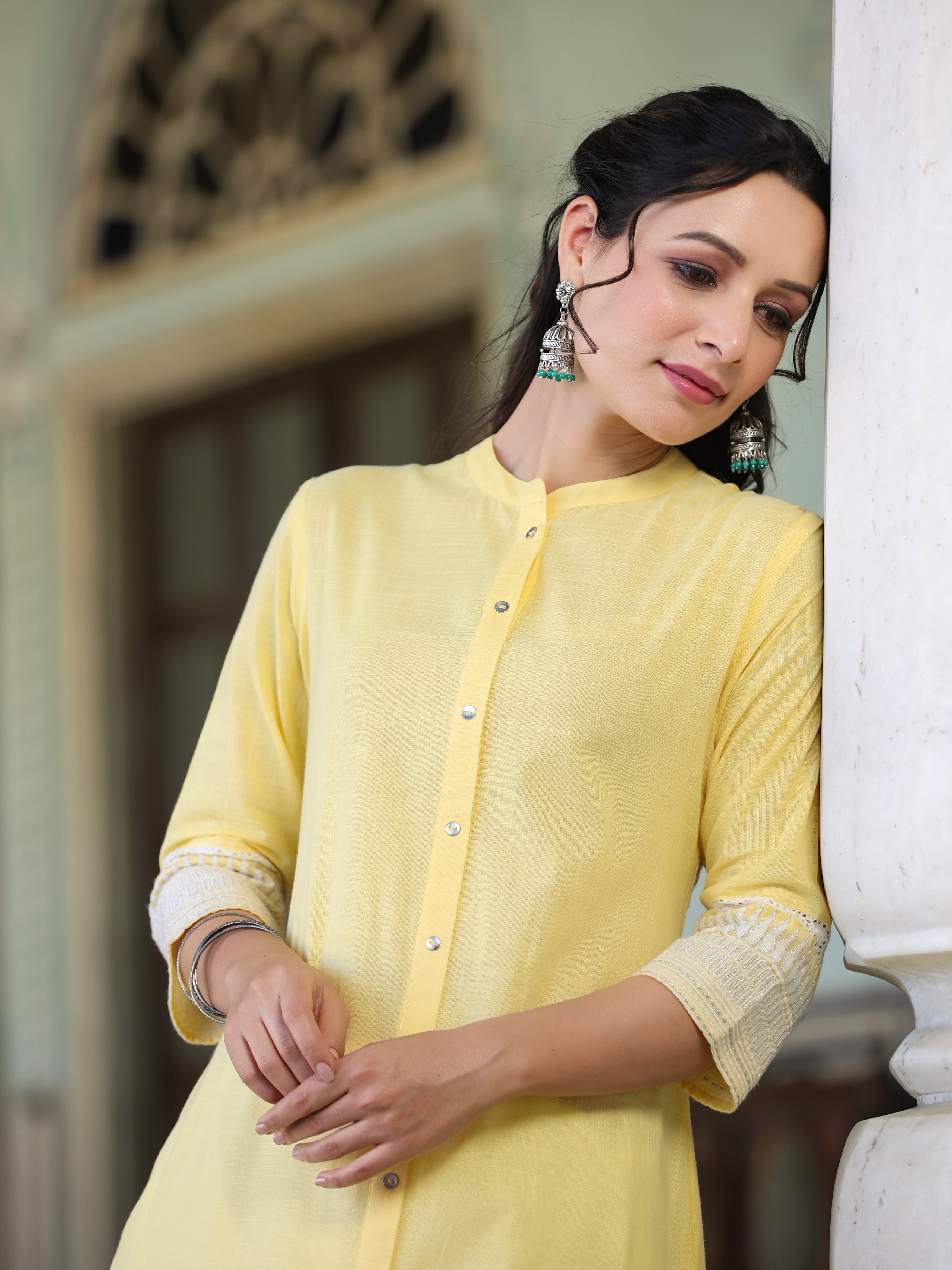 Juniper Yellow Ethnic Motif Printed Cotton Slub Straight Kurta With Lace & Zari Work