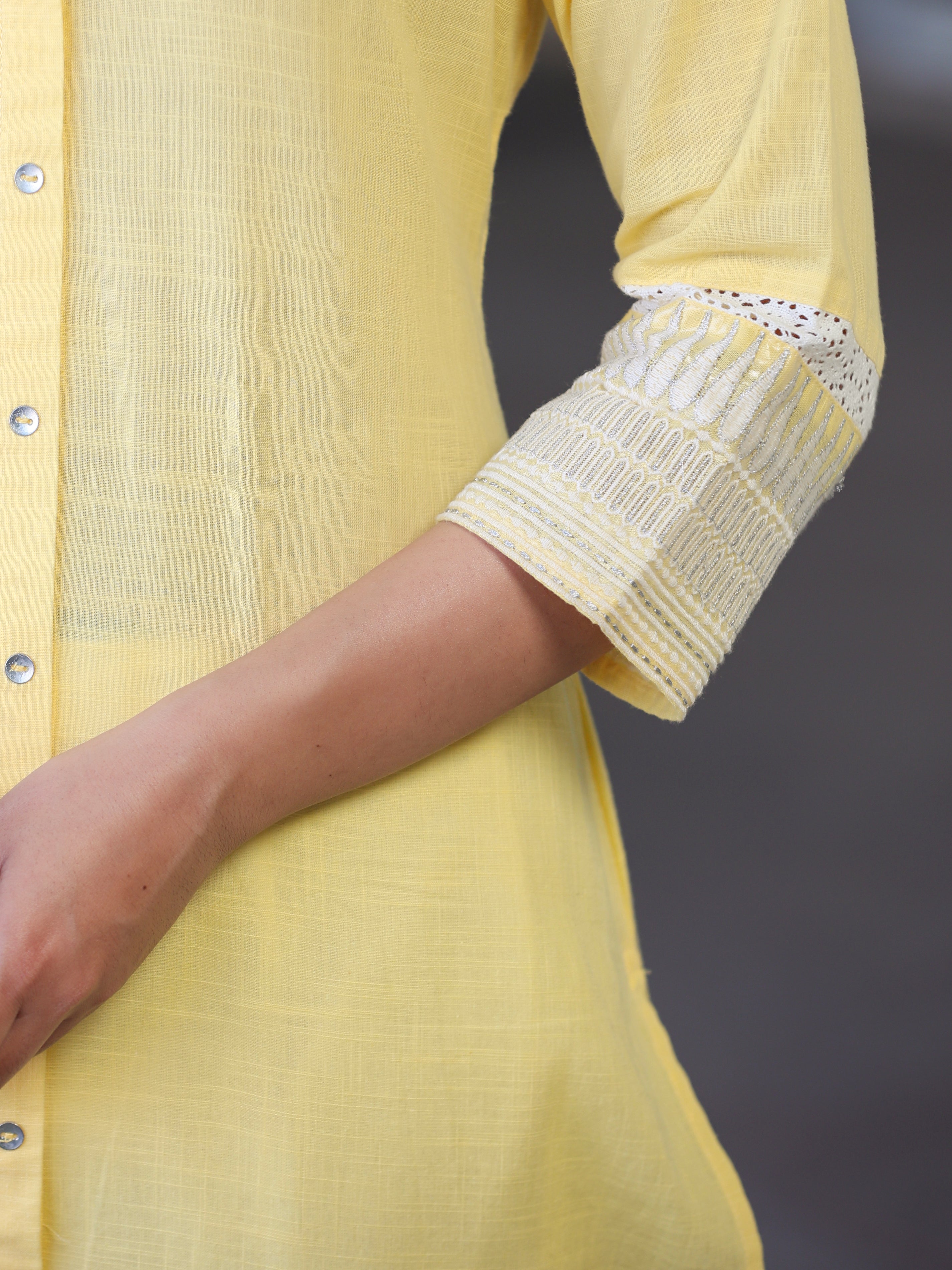 Juniper Yellow Ethnic Motif Printed Cotton Slub Straight Kurta With Lace & Zari Work