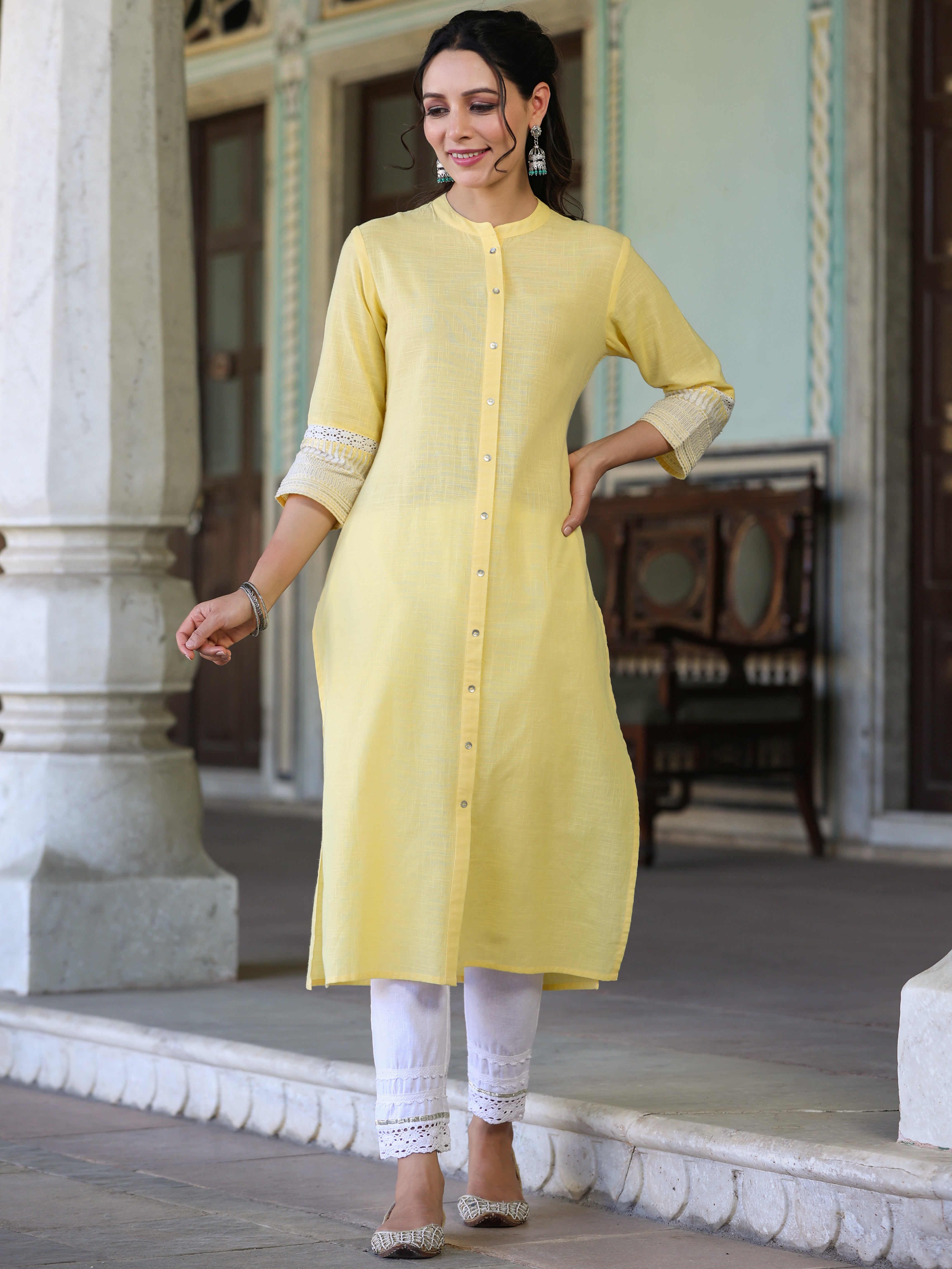 Juniper Yellow Ethnic Motif Printed Cotton Slub Straight Kurta With Lace & Zari Work
