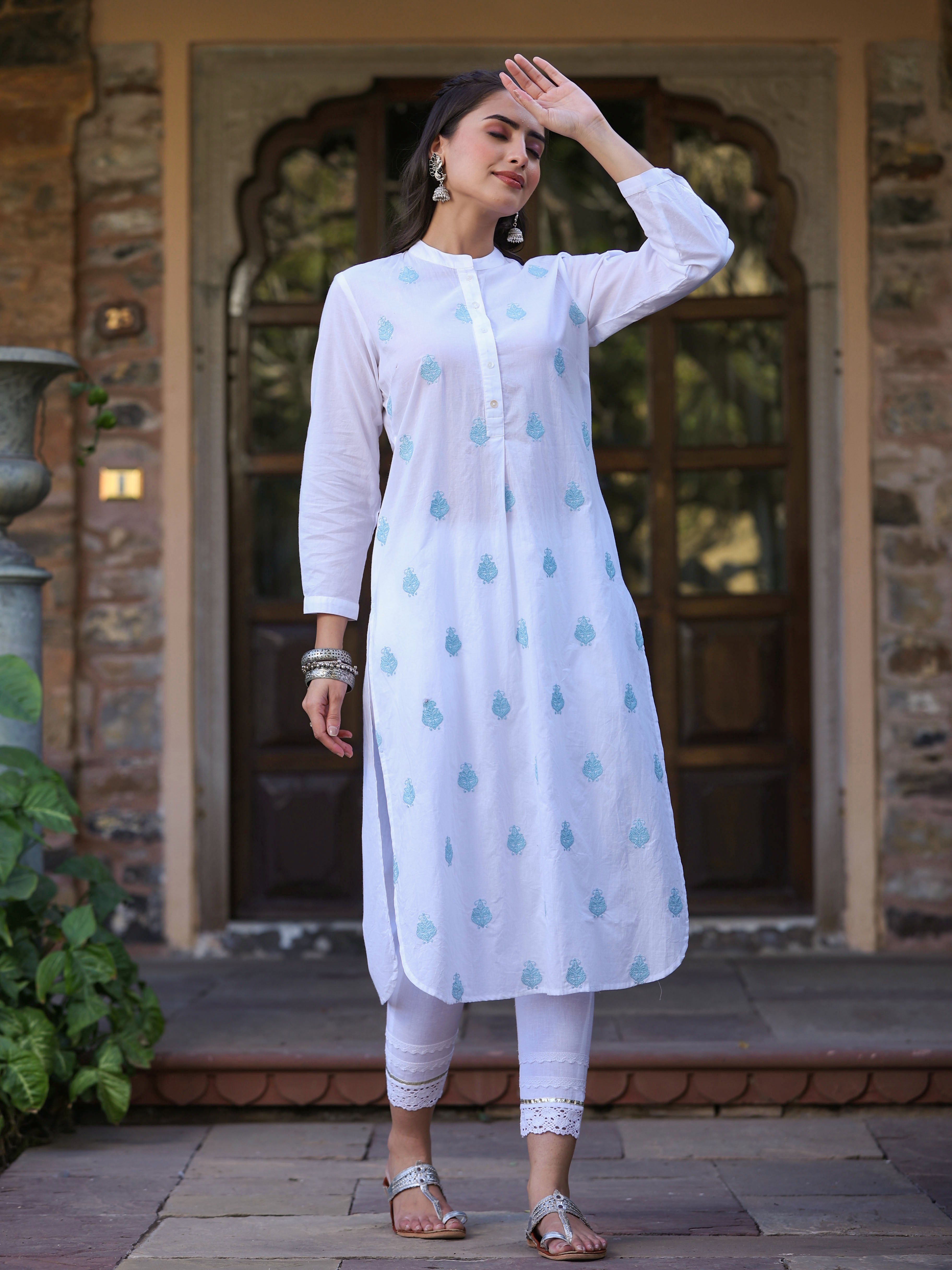 Juniper White Ethnic Motif Printed Pure Cotton Straight Kurta With Thread Embroidery