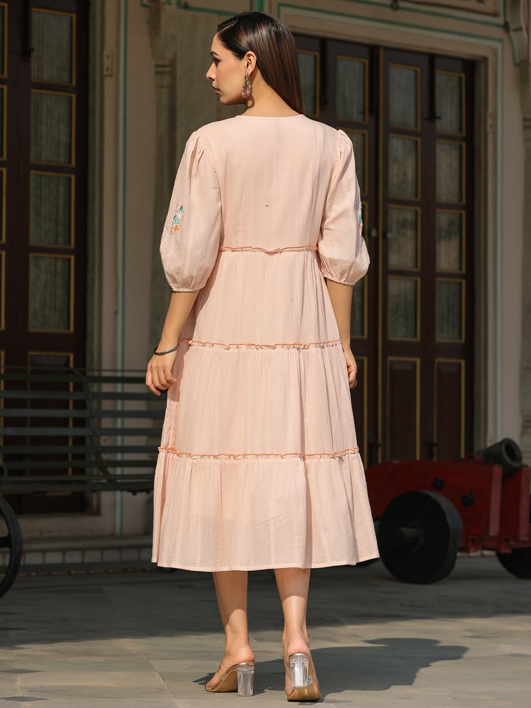 Juniper Peach Ethnic Motif Printed Cotton Dobby Tiered Dress With Thread Embroidery