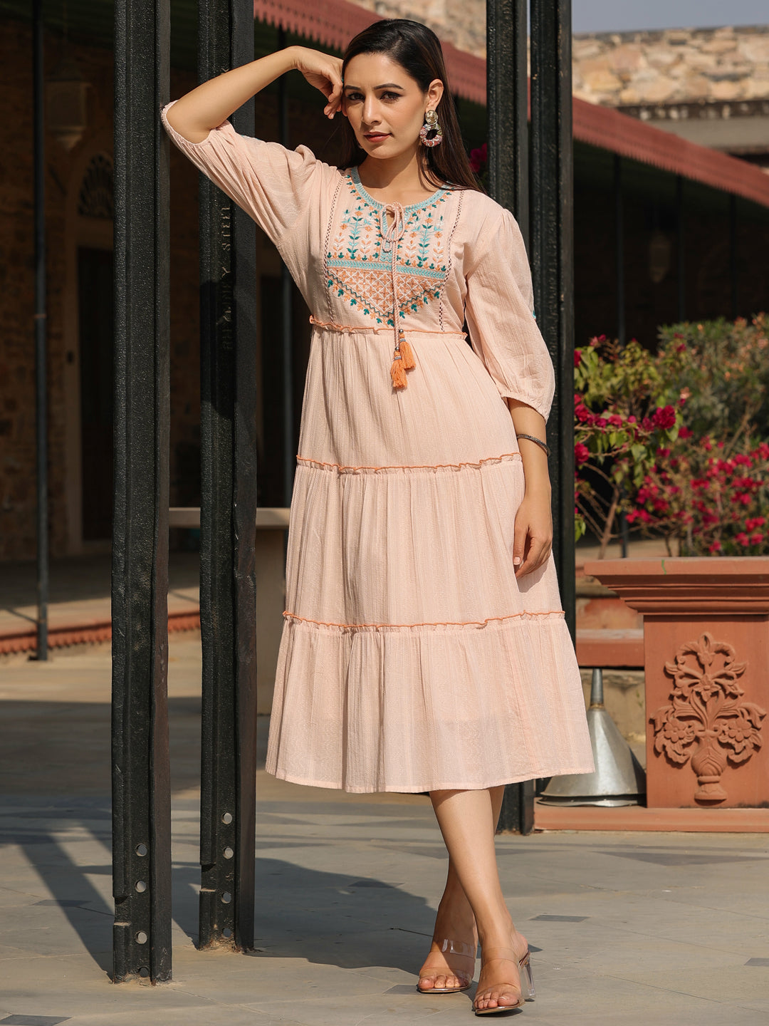 Juniper Peach Ethnic Motif Printed Cotton Dobby Tiered Dress With Thread Embroidery