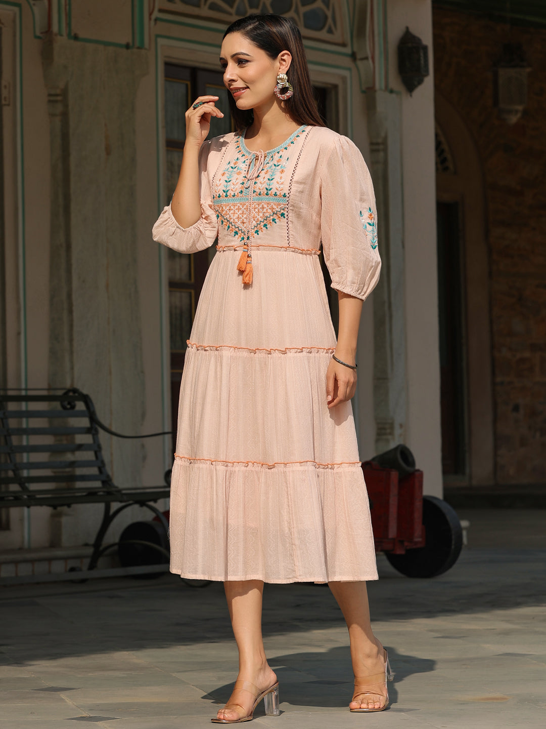 Juniper Peach Ethnic Motif Printed Cotton Dobby Tiered Dress With Thread Embroidery