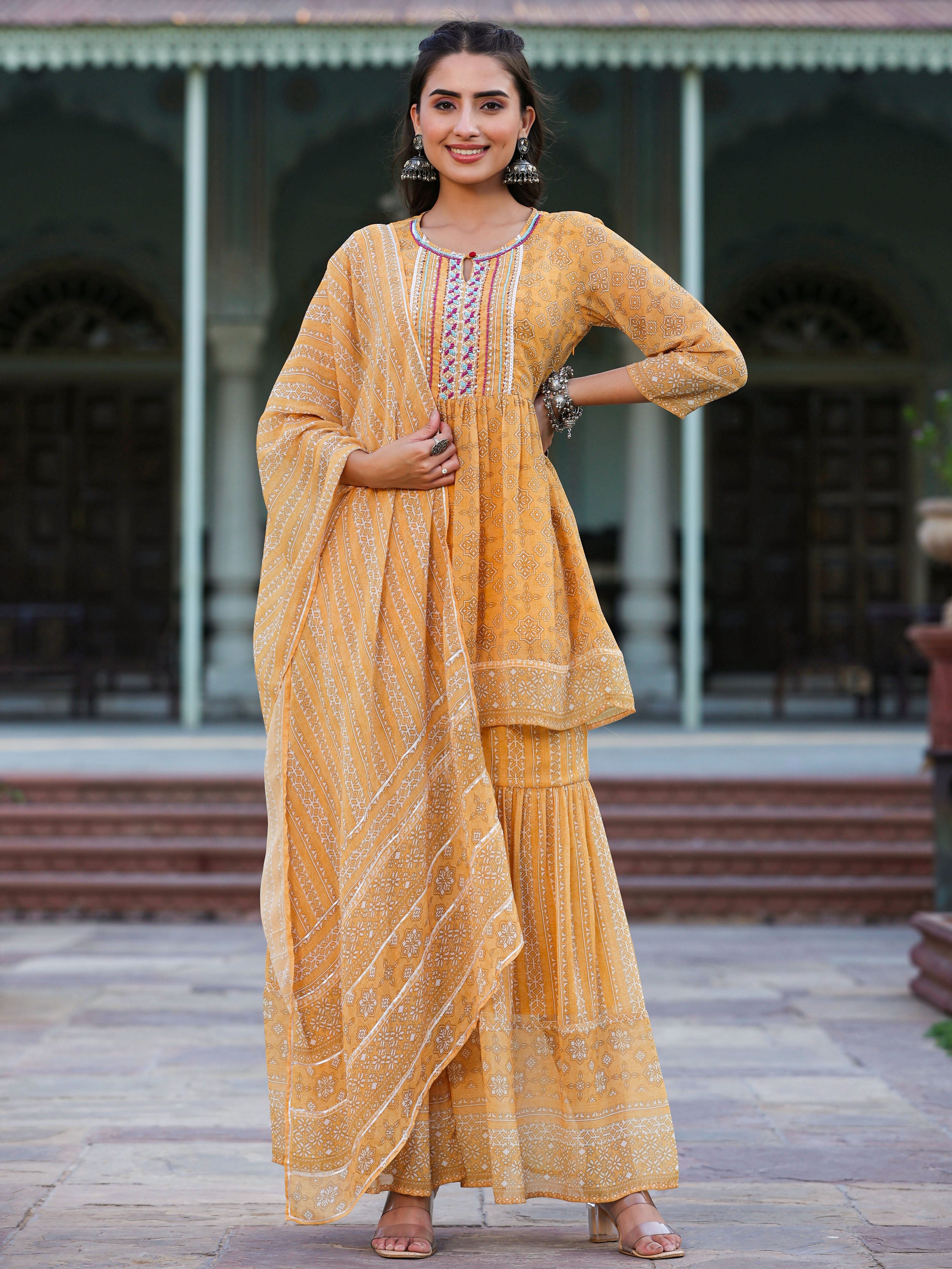 Juniper Women Yellow Georgette Geometric Printed Kurta Sharara & Dupatta Set